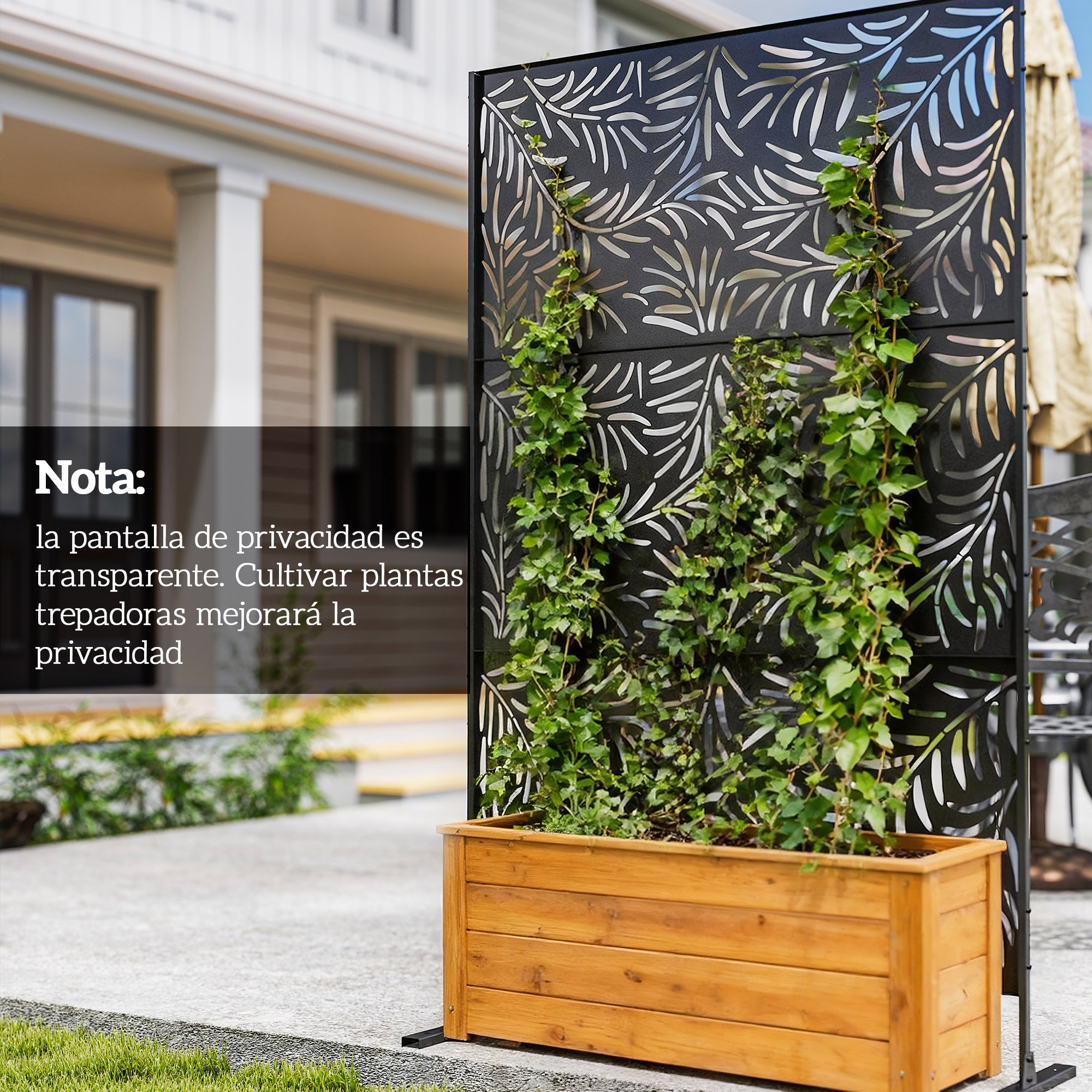 Un macetero de madera con plantas trepadoras frente a una pantalla de privacidad.
