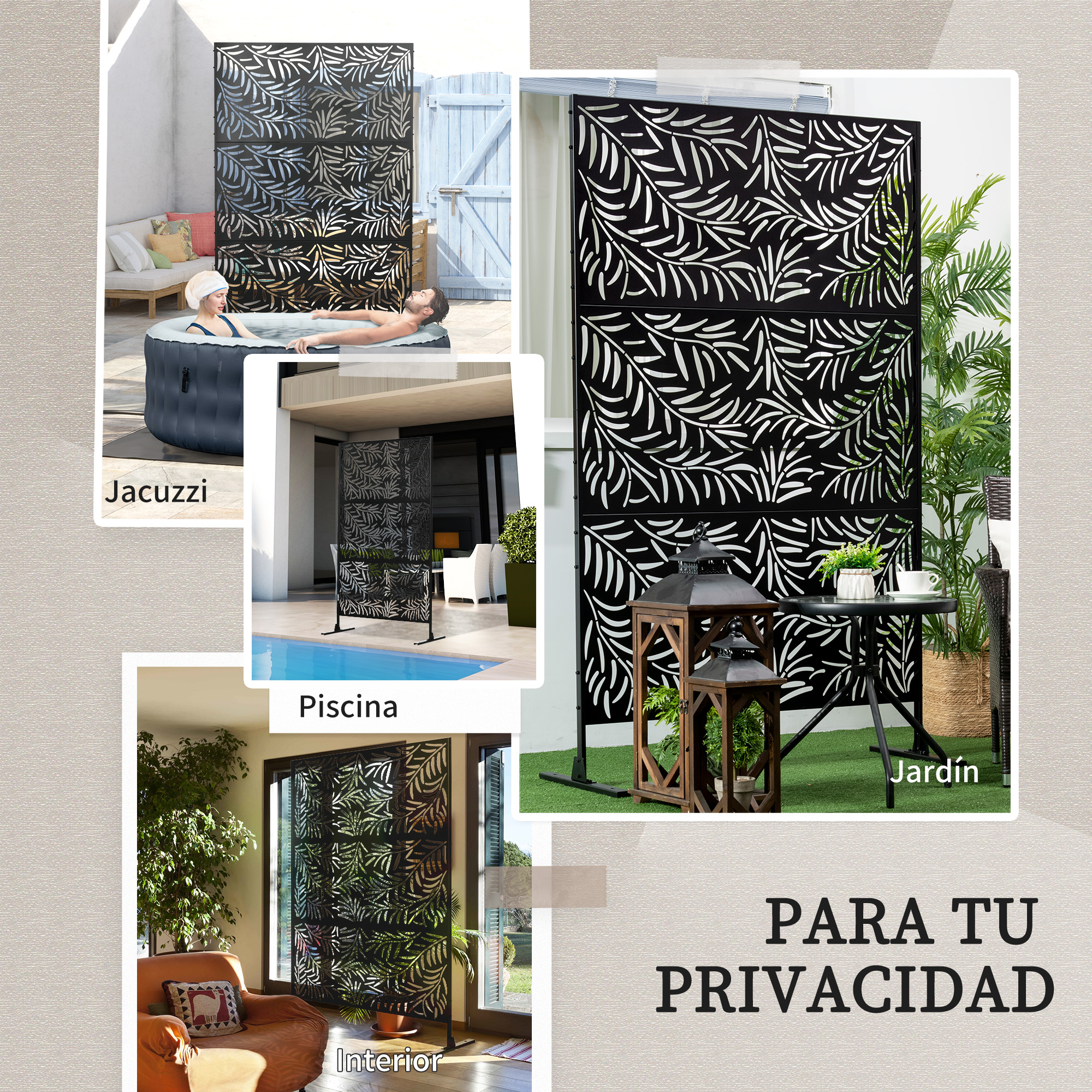 Tres escenas mostrando paneles de privacidad: jacuzzi, zona de piscina e interior.