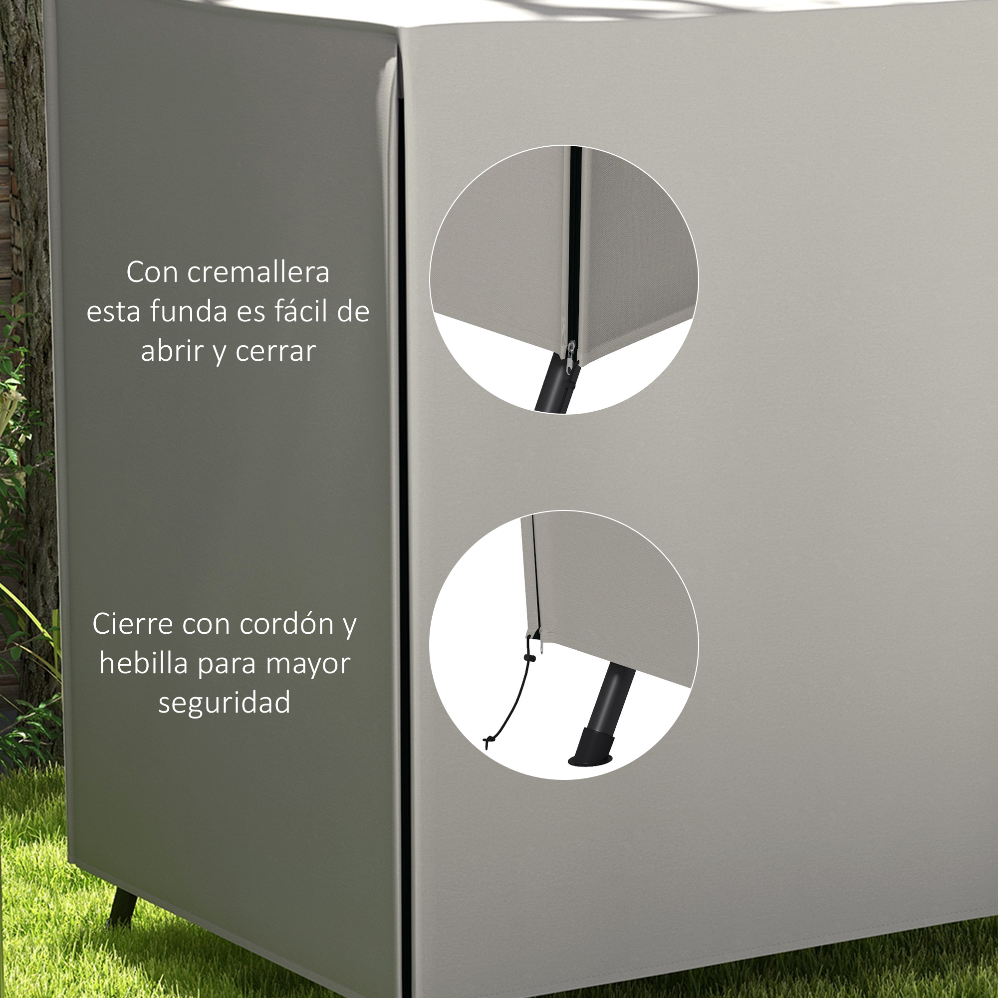 Funda gris para muebles de exterior con cremallera y cordón, sobre césped.