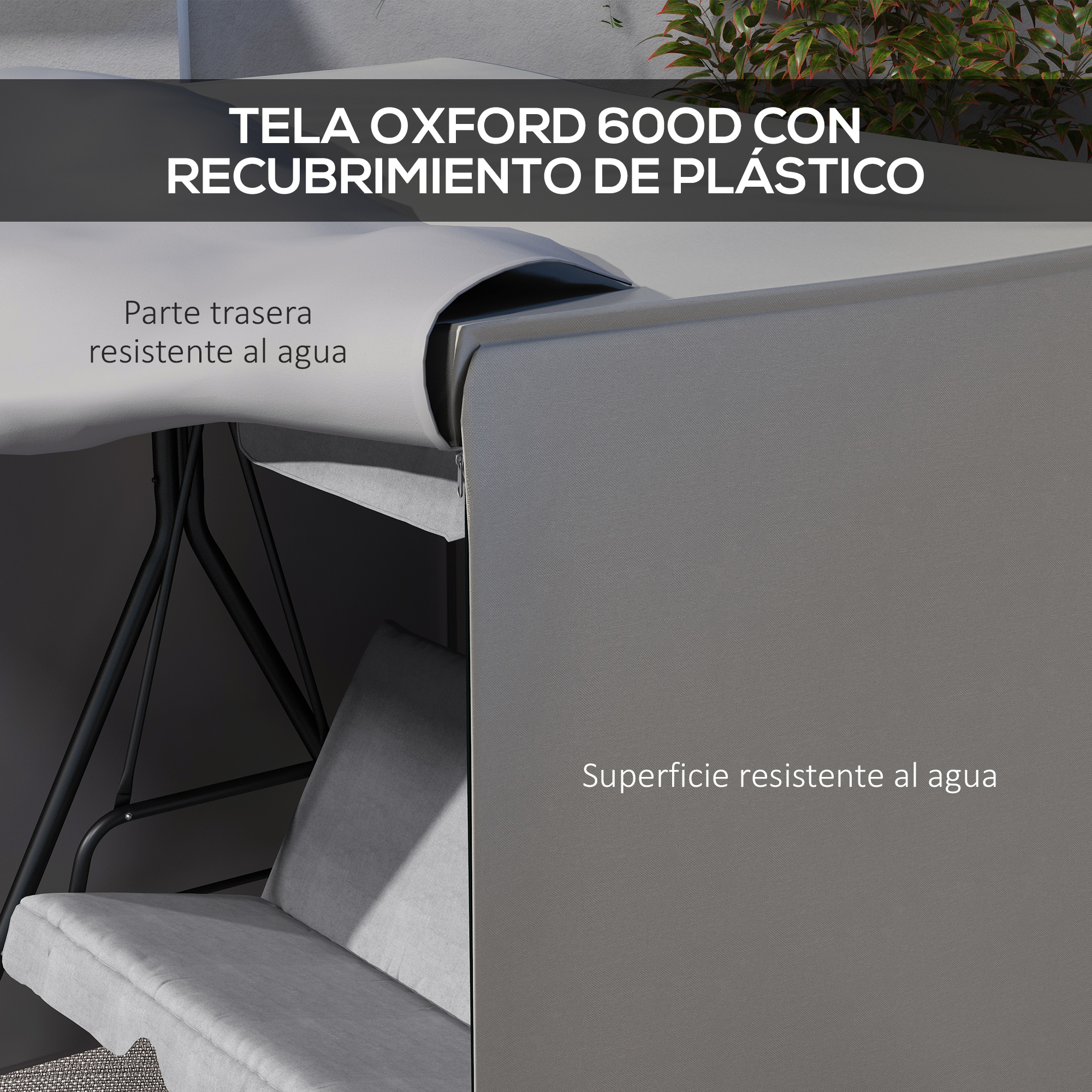 Funda de tela gris con marco de metal negro, repelente al agua.