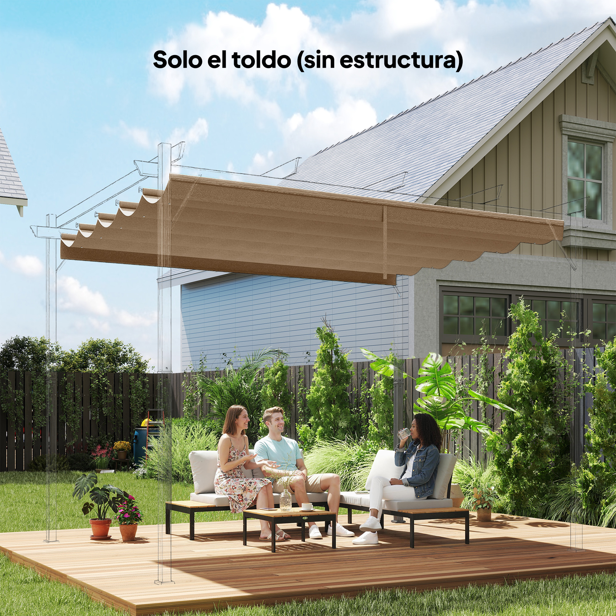 Tres personas se sientan en una terraza bajo un toldo beige frente a una casa.