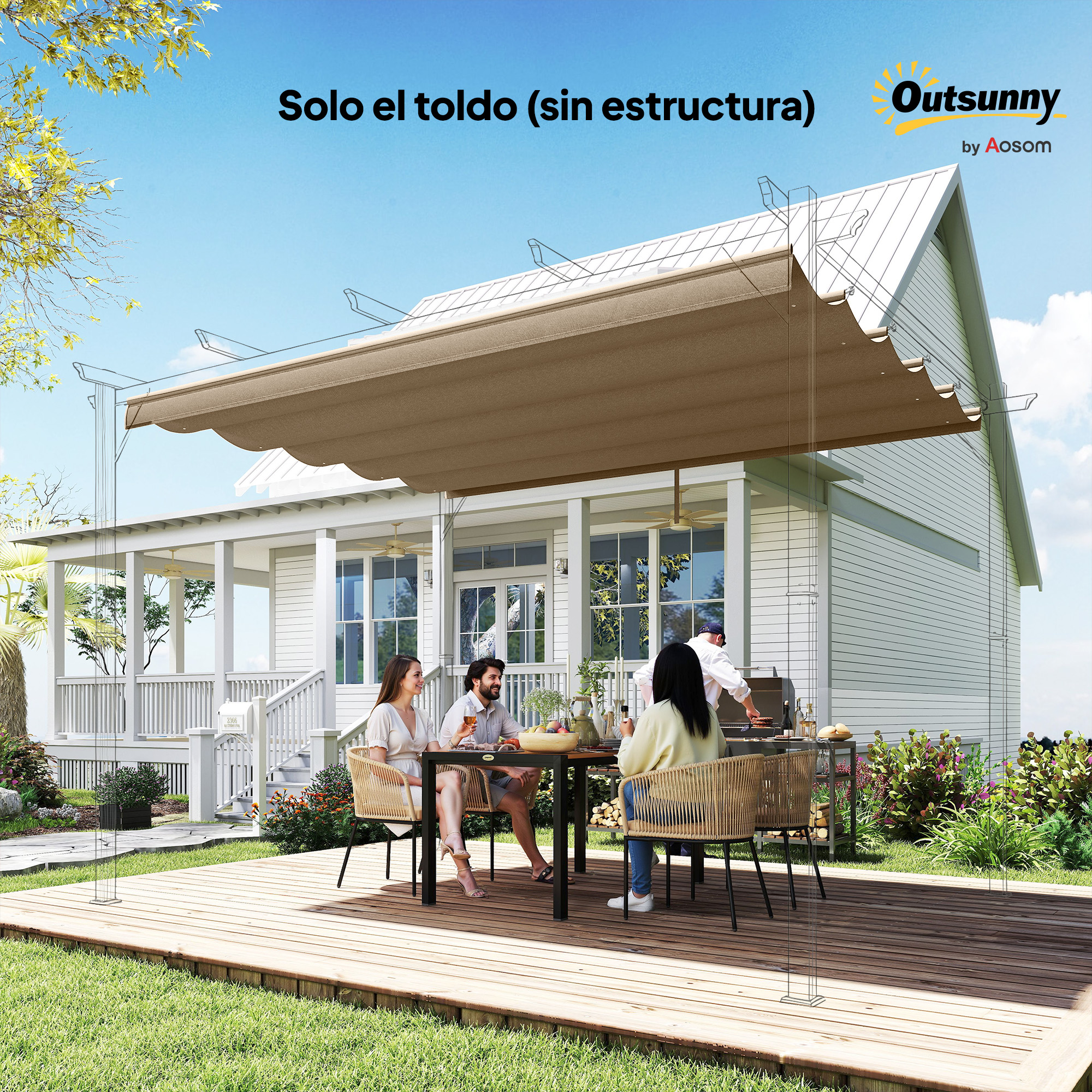 Un toldo se extiende sobre un patio donde se sientan cuatro personas. Un hombre está asando.