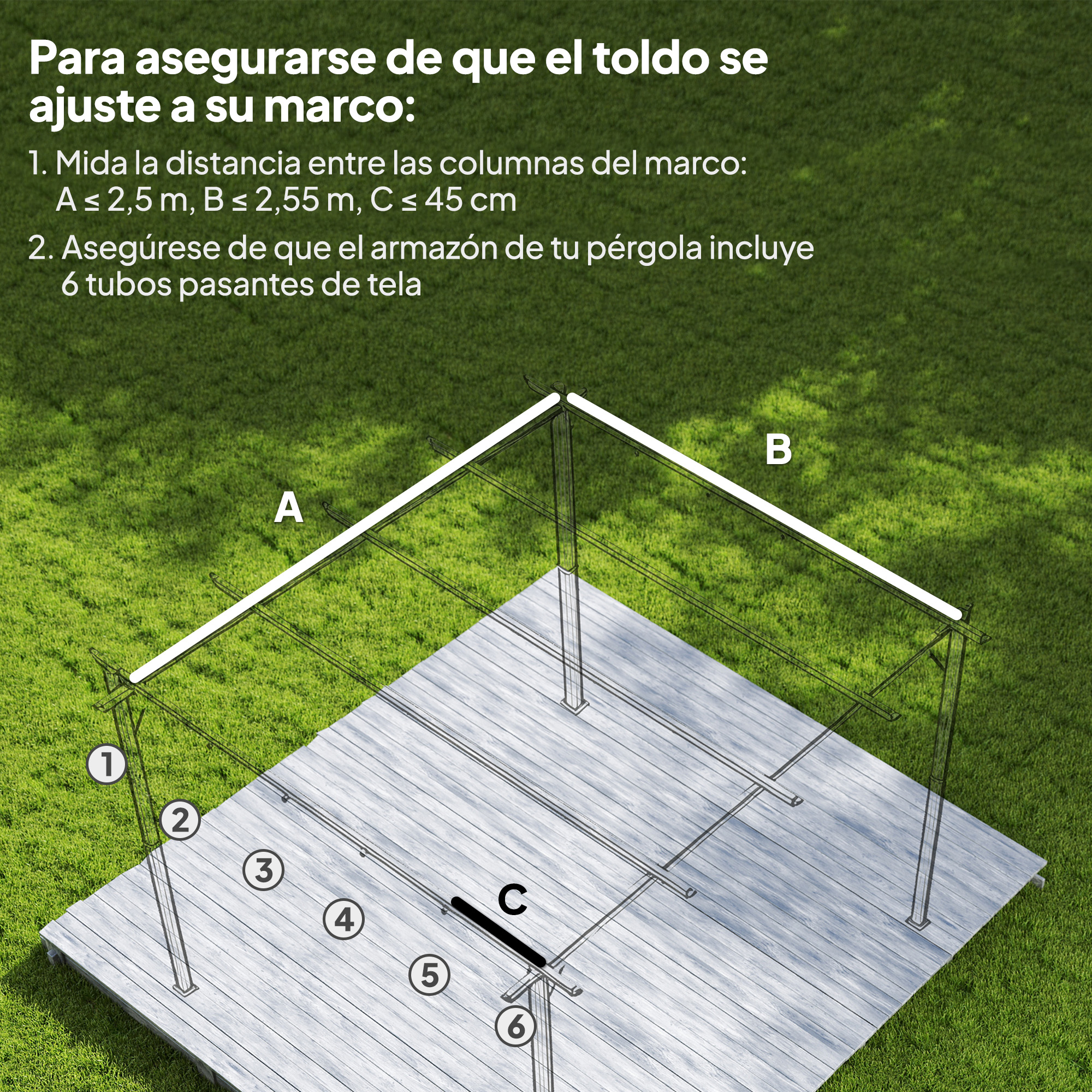 Diagrama de un marco de pérgola sobre una terraza de madera, con medidas.