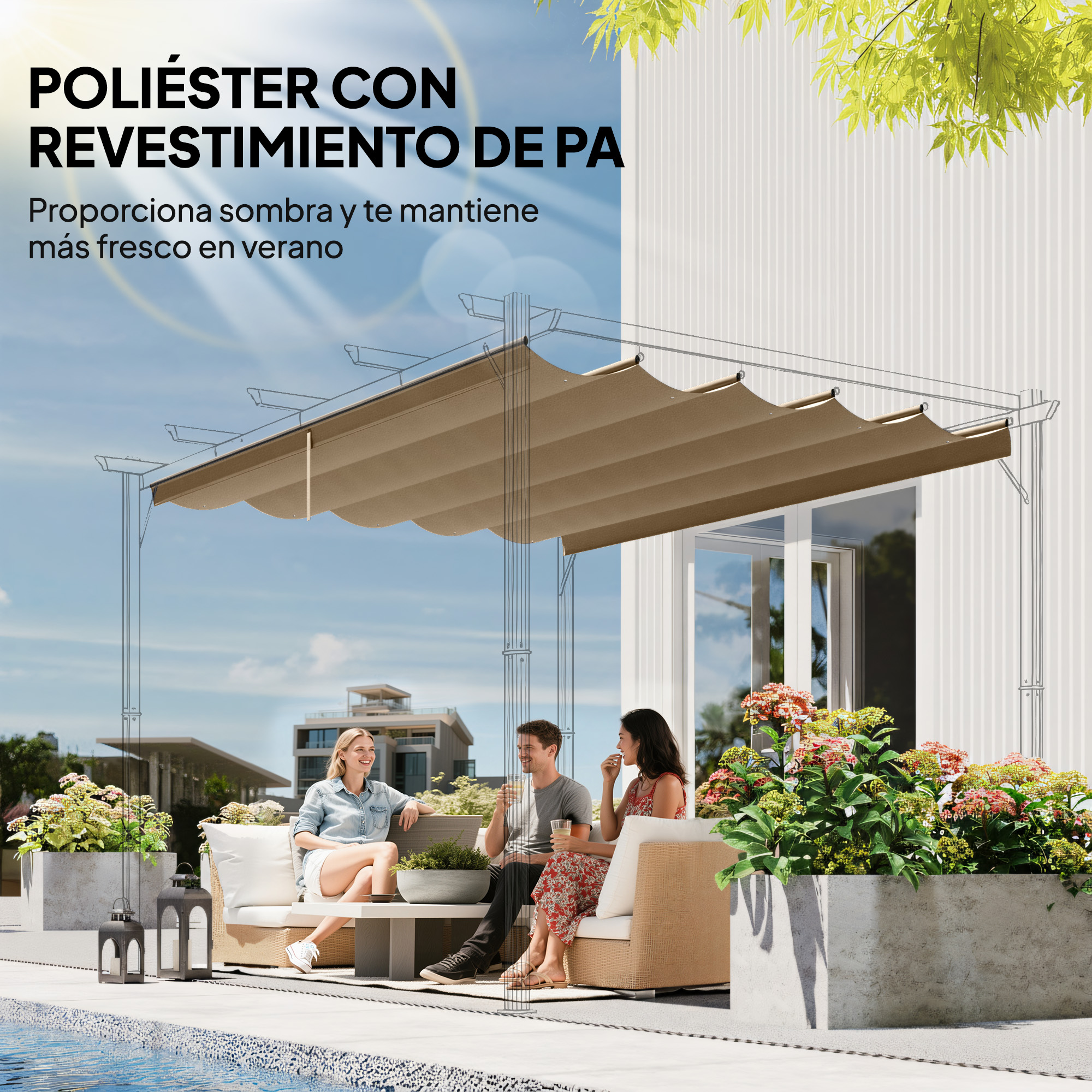 Tres personas sentadas en un sofá bajo un toldo beige. Hay parterres y una piscina delante.