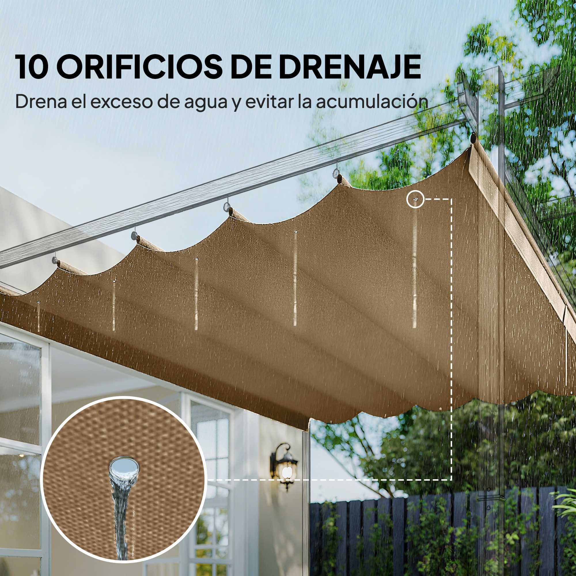 Toldo marrón con 10 orificios de drenaje por donde gotea agua. Cae lluvia.