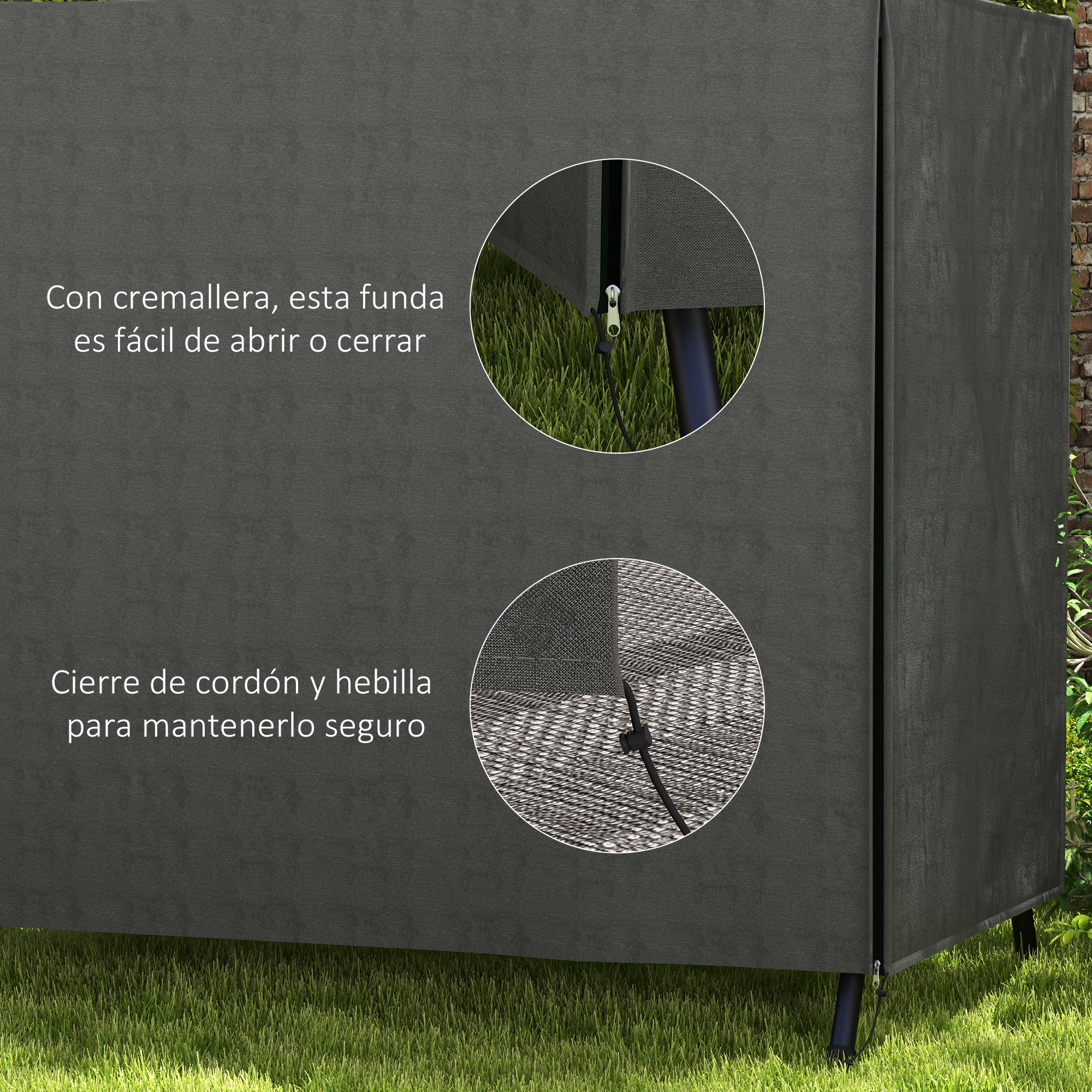 Funda gris con cremallera y cierre de cordón para fácil acceso y ajuste seguro.