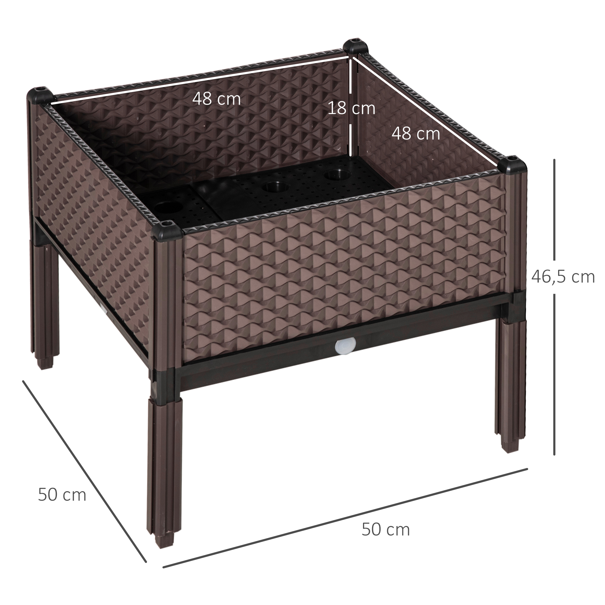 Un bancal elevado de plástico marrón de 48x48x18 cm y 46.5 cm de alto.