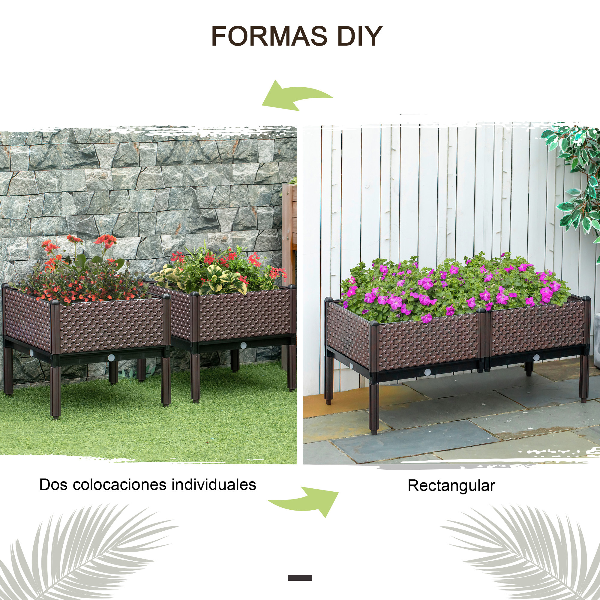 Dos jardineras elevadas marrones con flores, una al lado de la otra.