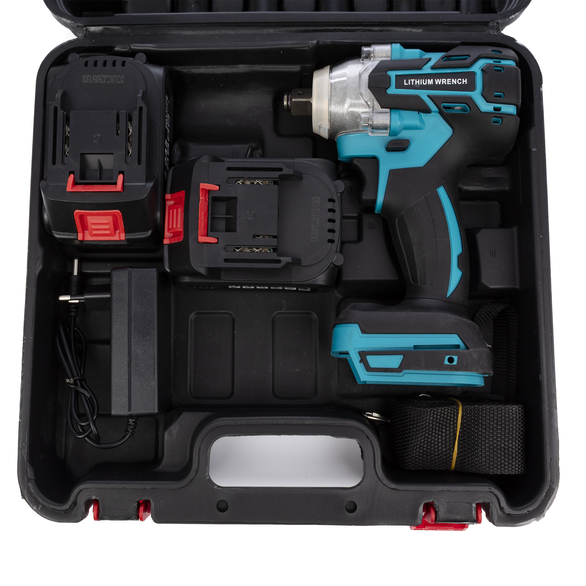 Set de llave de impacto inalámbrica en caja negra con dos baterías y cargador.