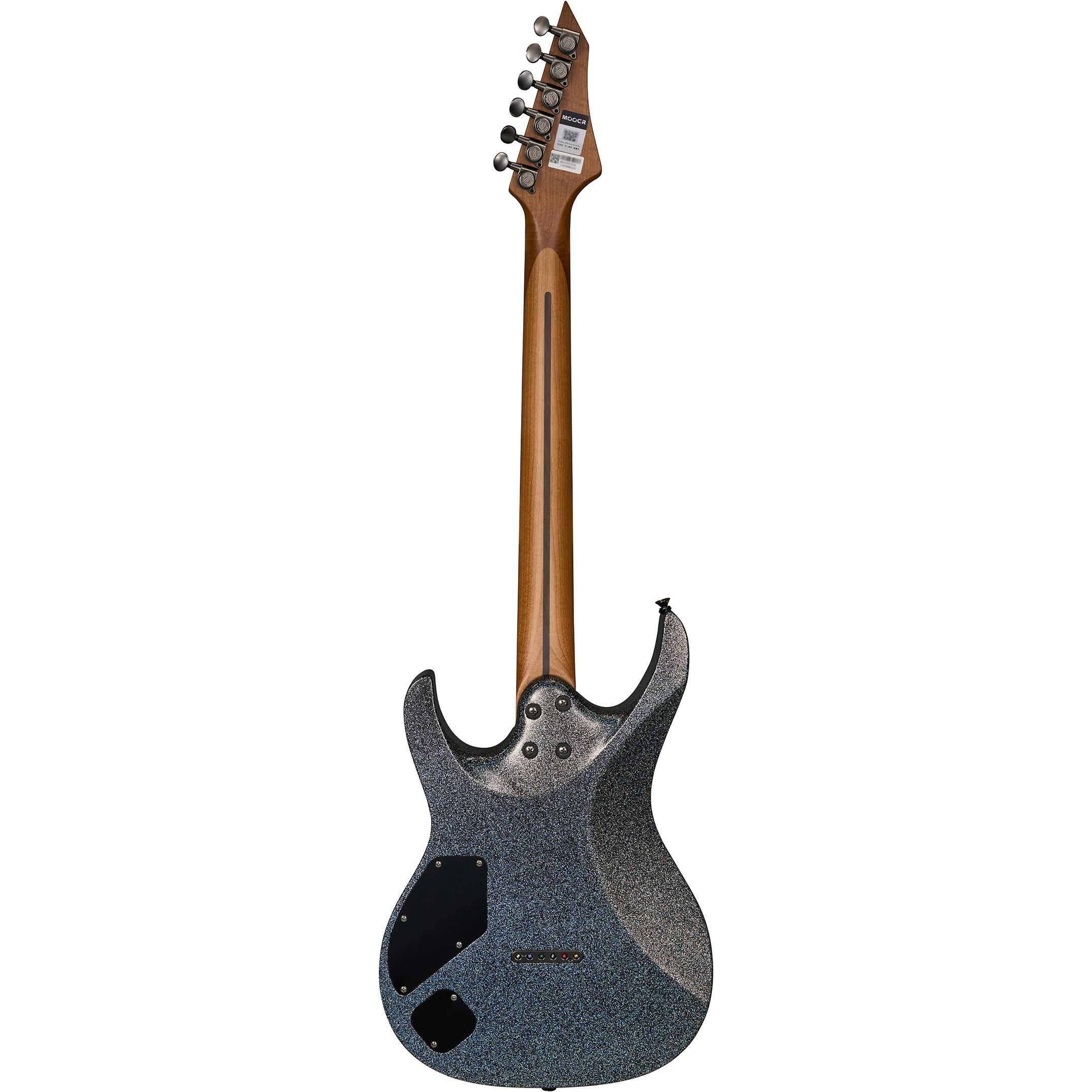 Kahverengi saplı ve altı burgulu, parıltılı elektro gitarın arka görünümü.