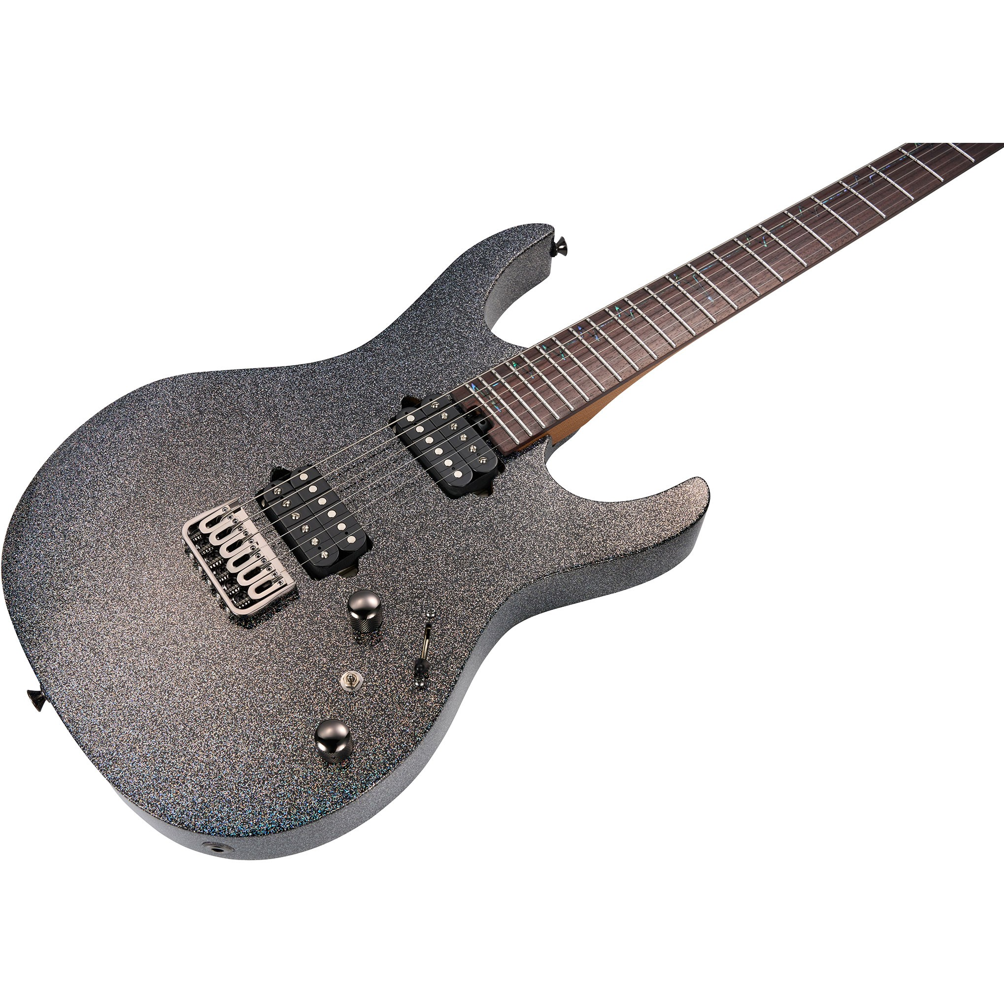 Gümüş tellerli, siyah gövdeli, simli elektro gitar.