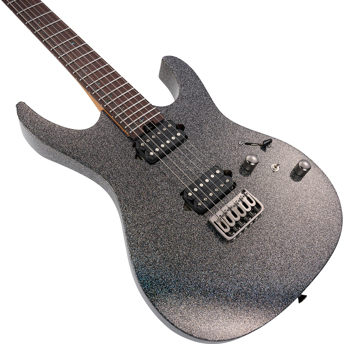 Gümüş köprülü ve gümüş düğmeli, simli siyah elektro gitar.