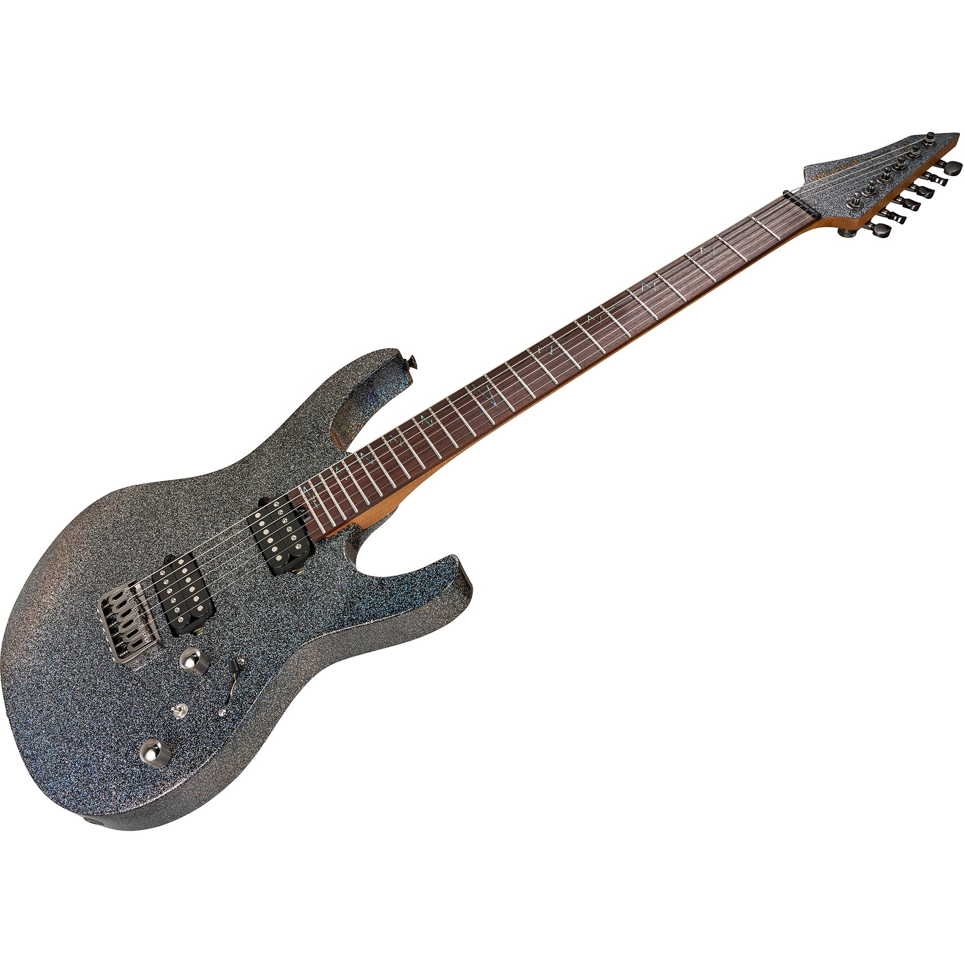 Altı telli, koyu klavyeli ve gümüş donanımlı ışıltılı elektro gitar.
