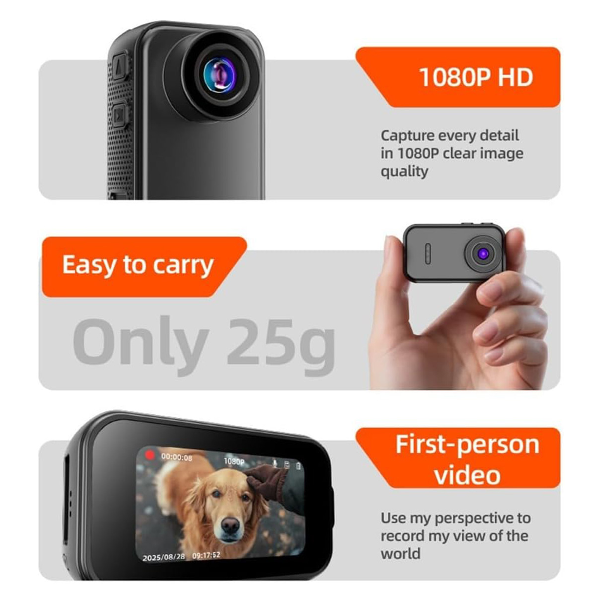 Una mini videocámara negra muestra grabación HD 1080P y una toma de un perro.