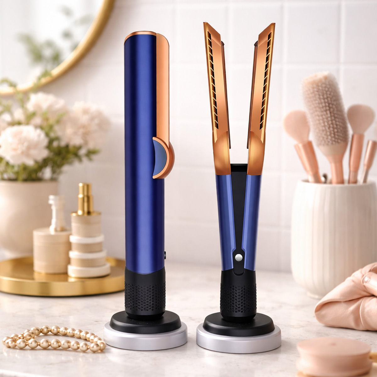 Dos planchas de pelo azules y cobrizas sobre mármol, junto a perlas y cosméticos.