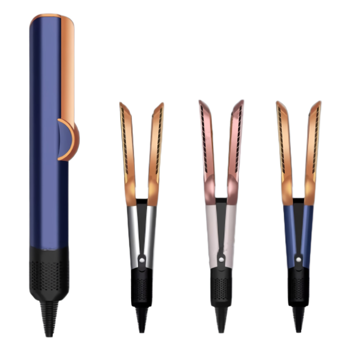 Un rizador azul y tres planchas abiertas en oro, oro rosa y azul.