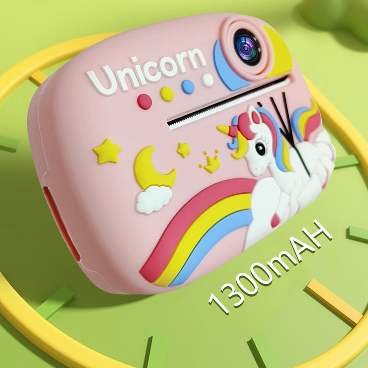 Cámara rosa de unicornio con arcoíris, estrellas, luna y texto 1300mAh.