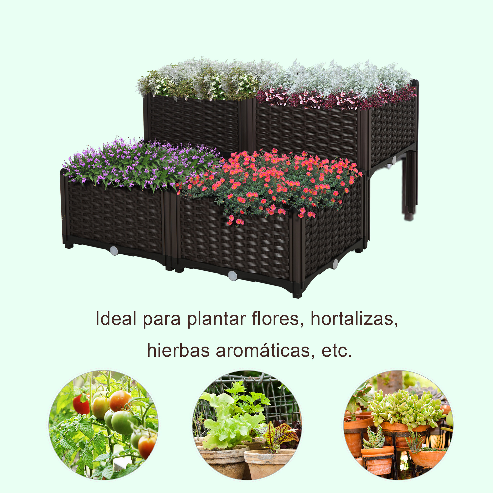 Camas de cultivo elevadas marrones con flores y plantas coloridas, junto a imágenes de tomates, lechuga y suculentas.