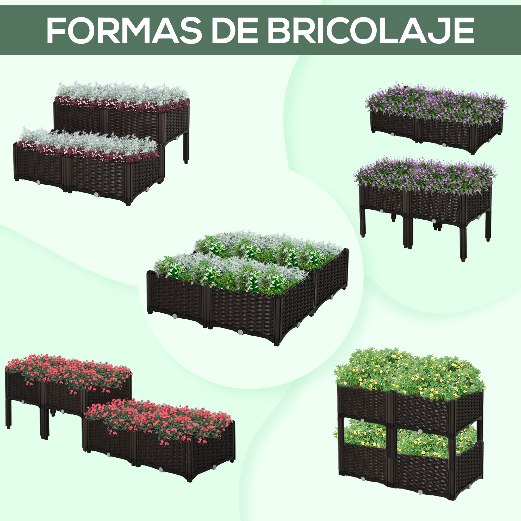 Camas de jardín elevadas marrones con flores blancas, moradas, rojas y amarillas.