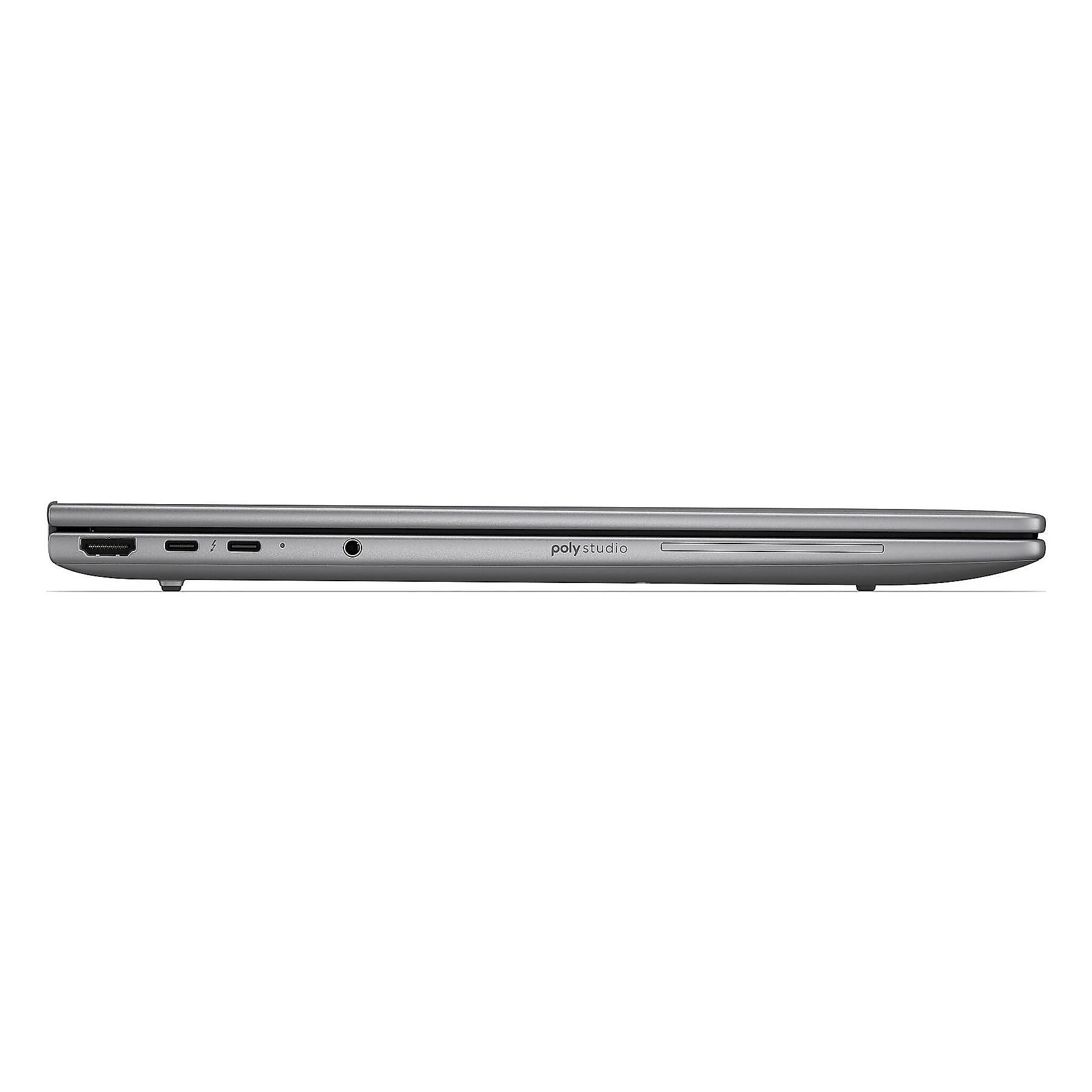 Laptop argento di profilo con porte e logo.