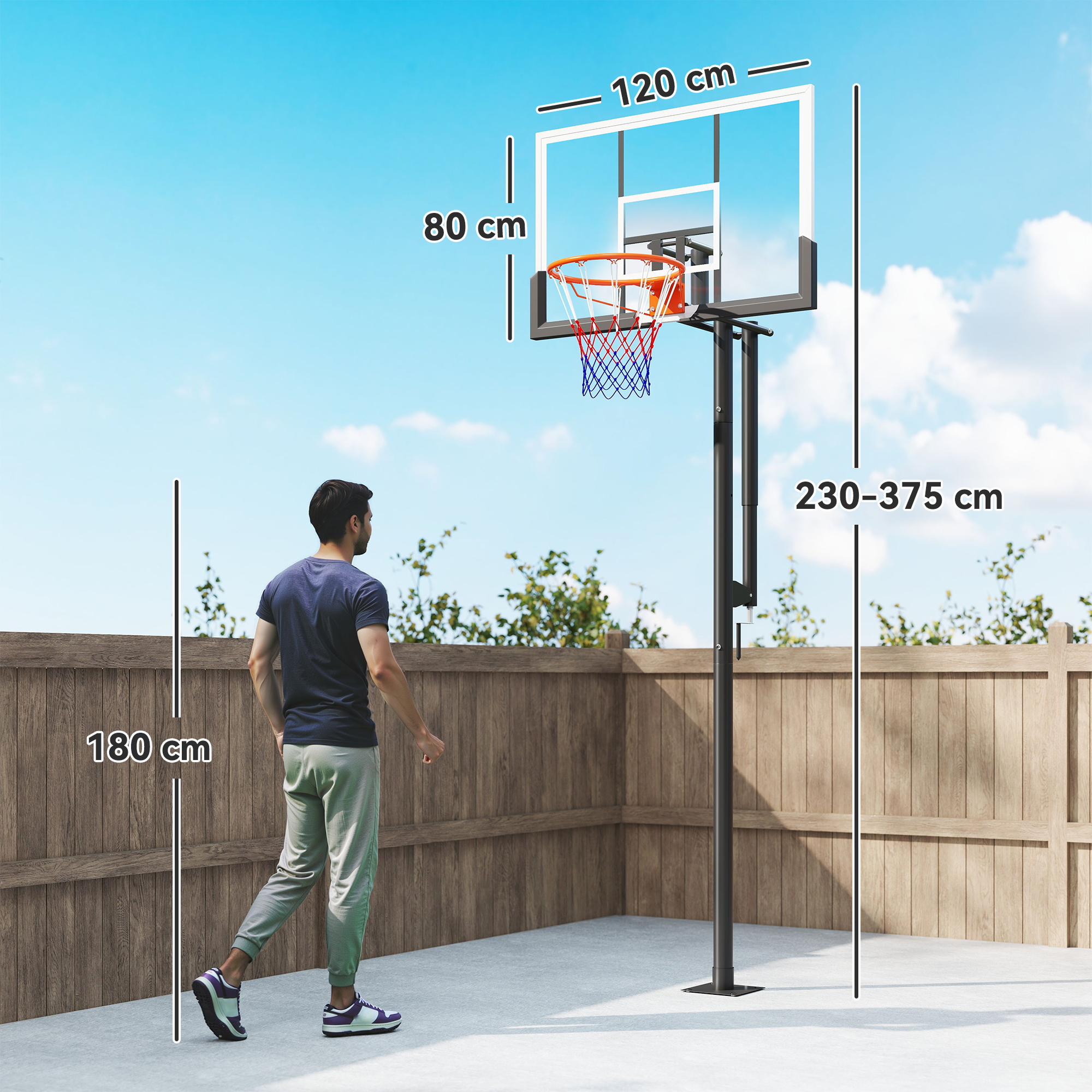 Un hombre está frente a una canasta de baloncesto con dimensiones. La canasta mide 230-375 cm.