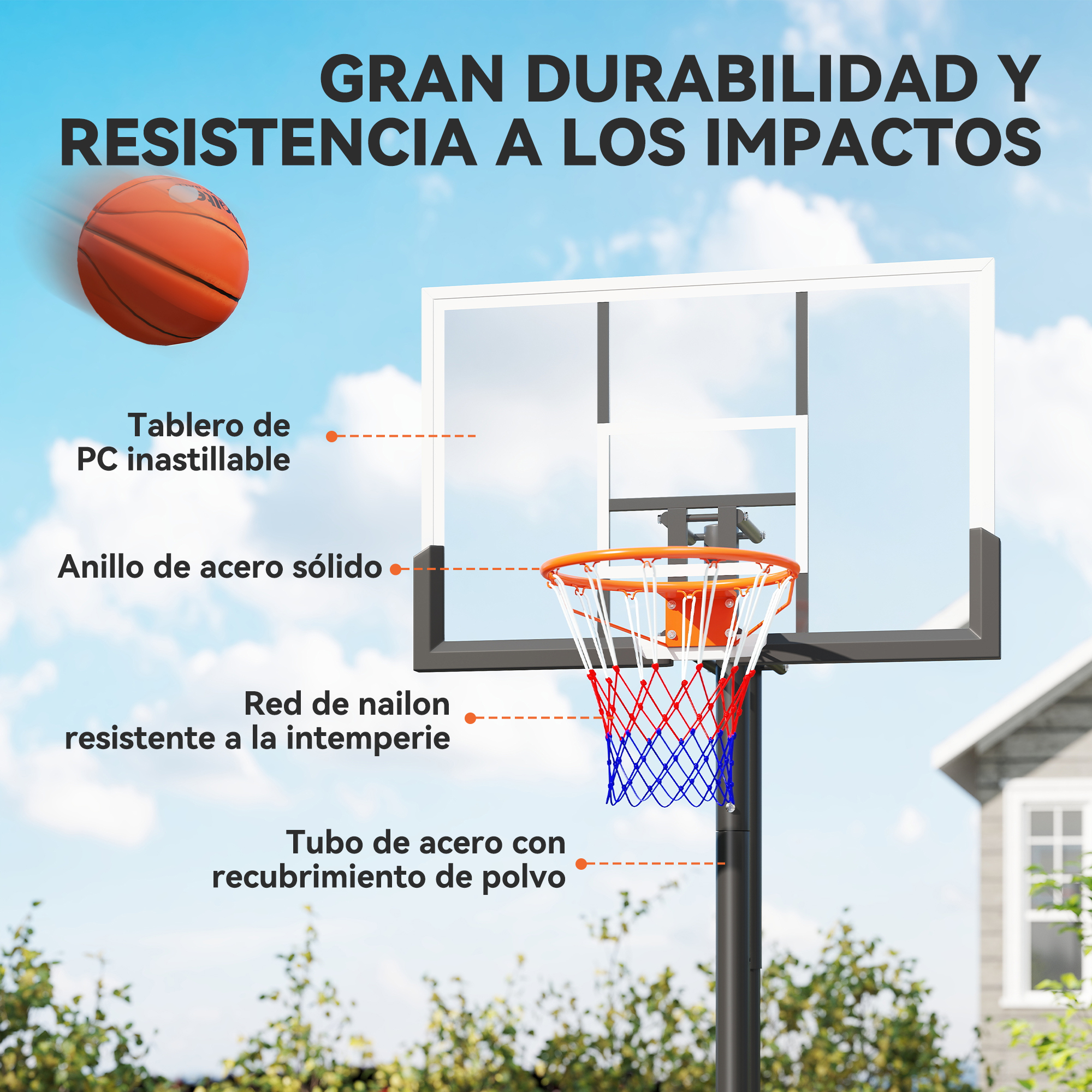 Aro de baloncesto con tablero de PC irrompible, aro de acero sólido, red resistente.