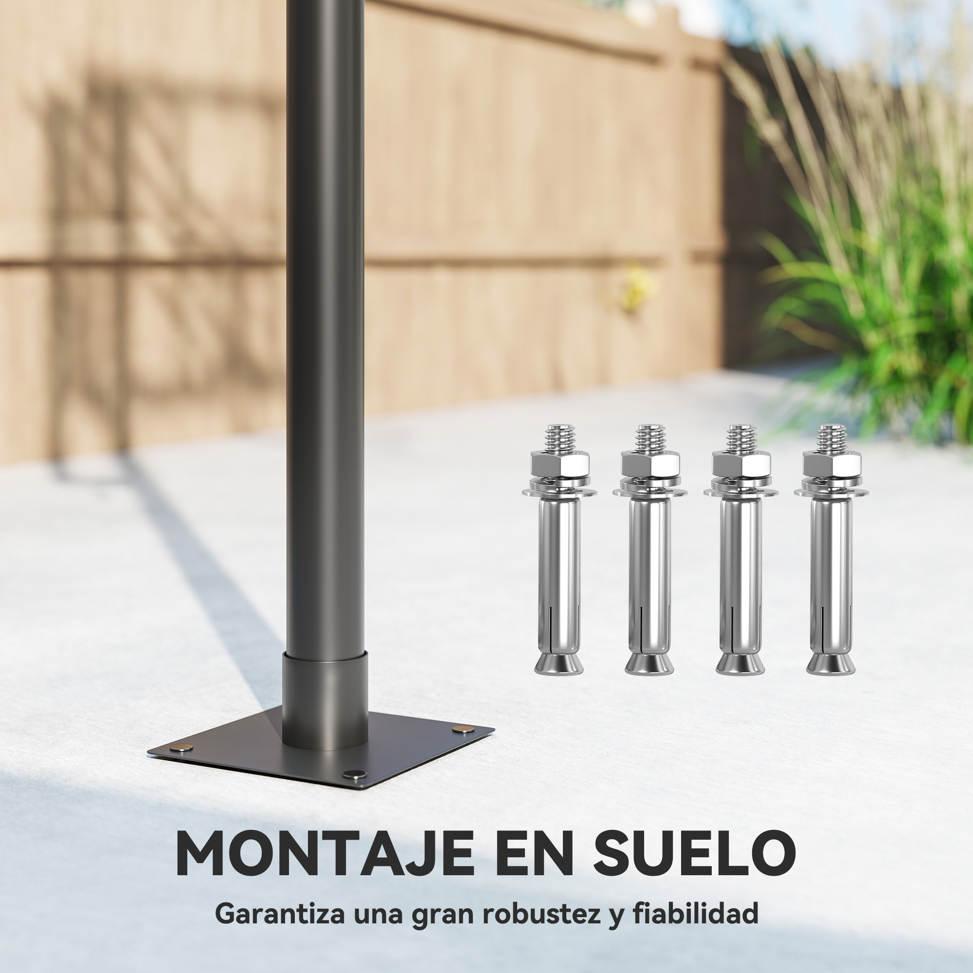 Un poste oscuro con montaje al suelo y cuatro pernos de anclaje al lado.