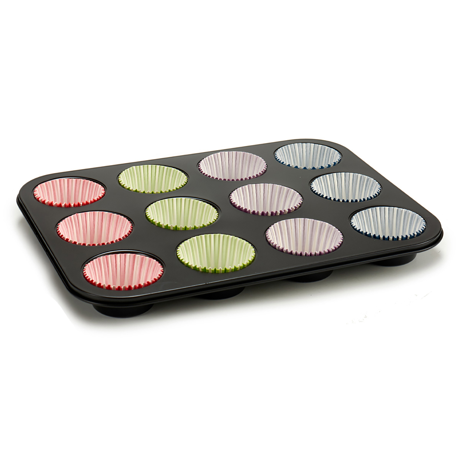 Una bandeja para muffins negra con moldes de papel coloridos: rosa, verde, morado y azul.
