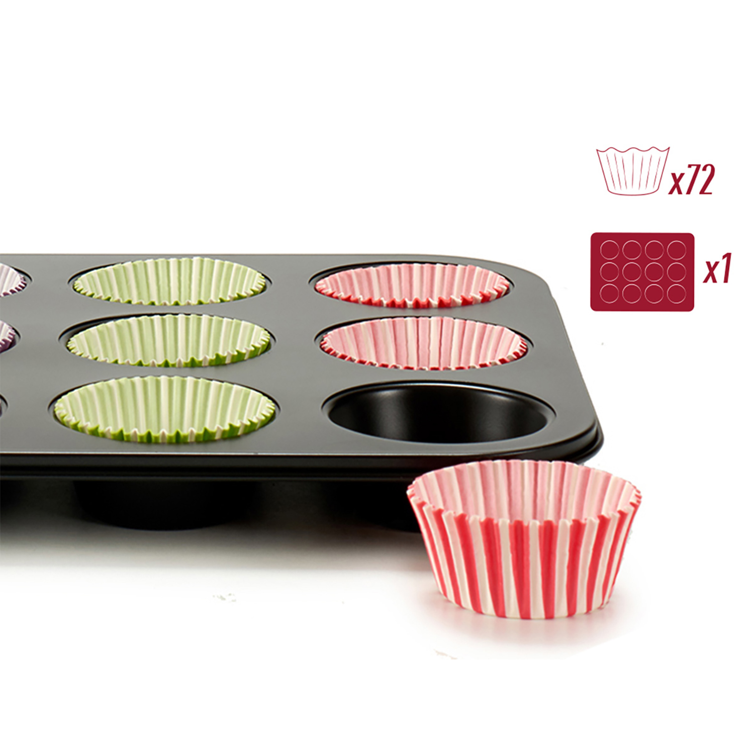 Un molde para muffins con capacillos de papel verdes y rosas, junto a un capacillo rosa y blanco.