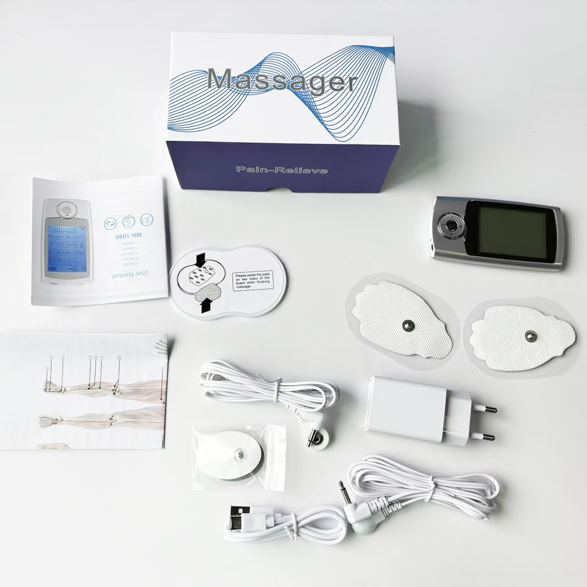A massager set includes a box, device, pads, cables, and charger.