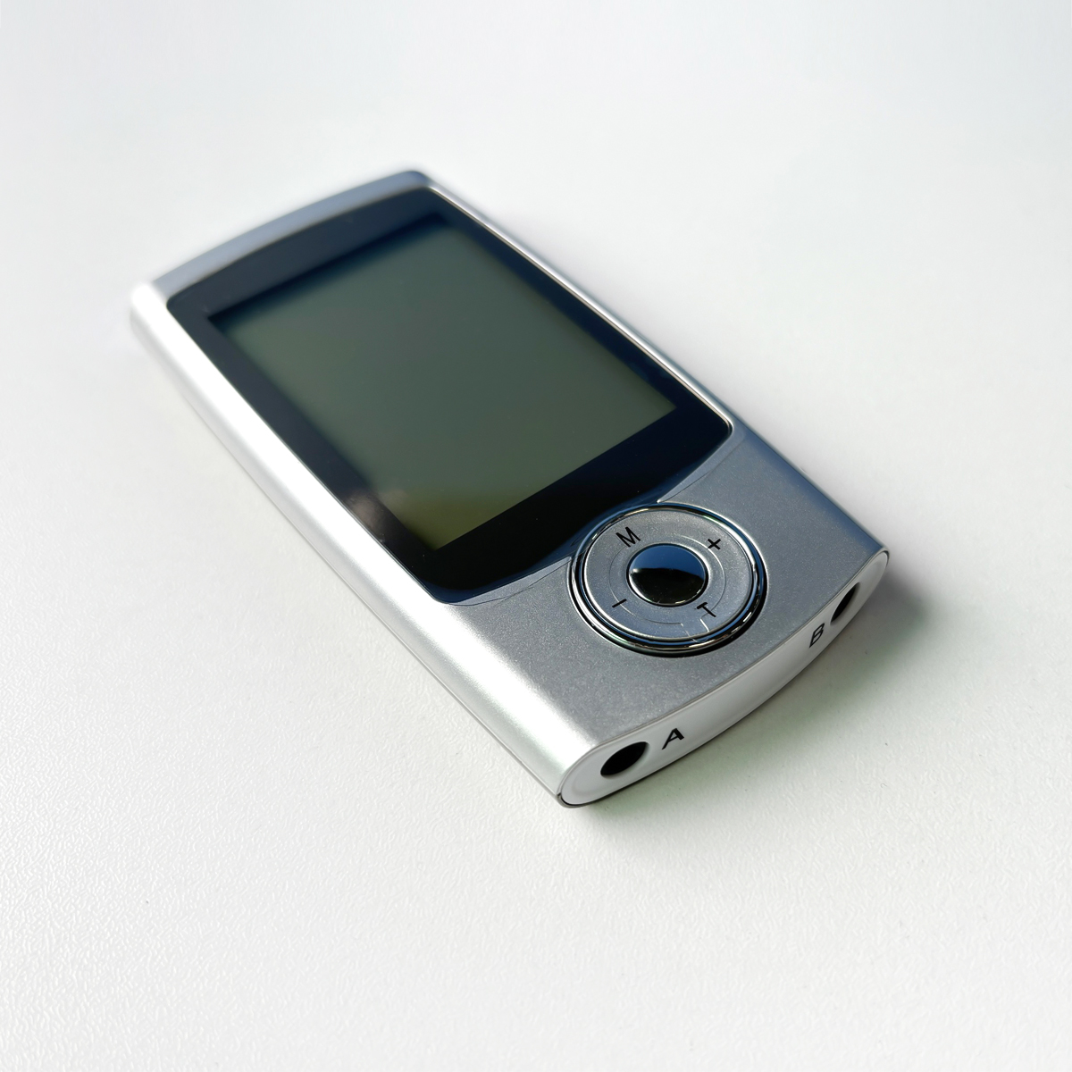 Silver portable media player with black screen and round control buttons.