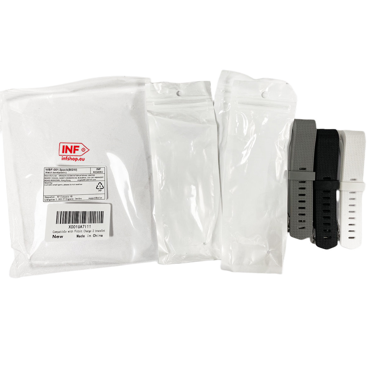 Drei verpackte Armbänder und drei einzelne Armbänder in Grau, Schwarz und Weiß.