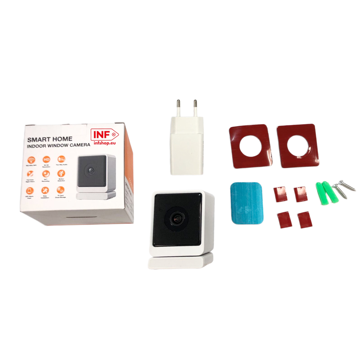 Ein Smart-Home-Fensterkamera-Set mit Kamera, Netzteil, Halterungen und Schrauben.