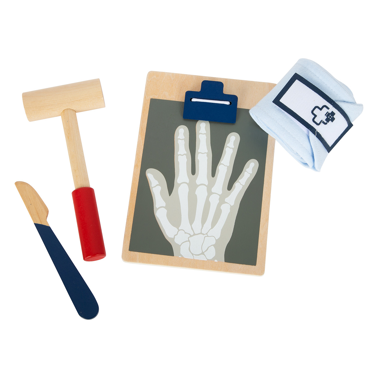 Holzspielzeug: Röntgenbild einer Hand, Hammer, Skalpell und Verband.