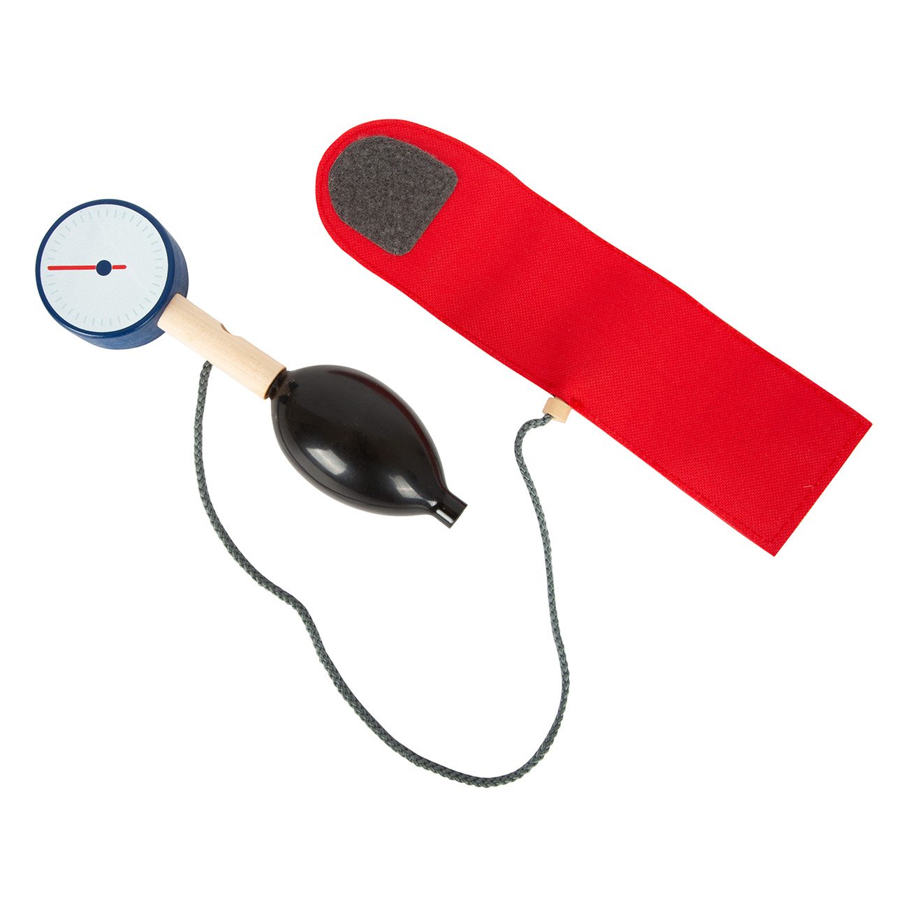 Ein Spielzeug-Blutdruckmessgerät mit rotem Manschette, Pumpe und Manometer.