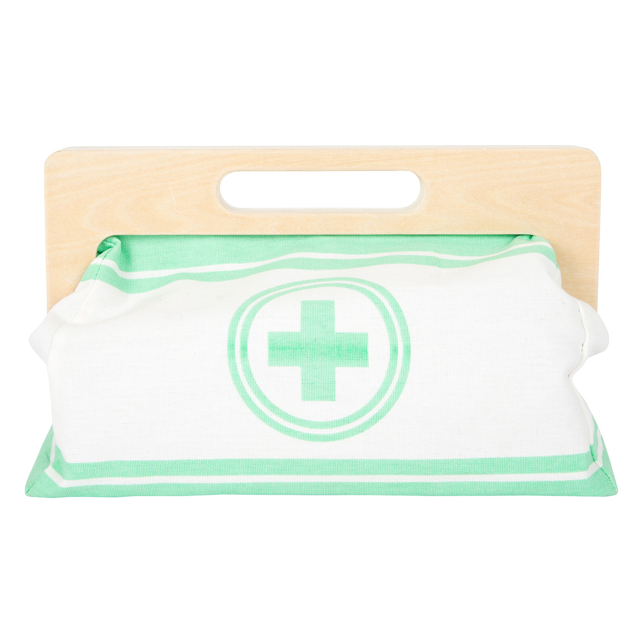Eine hölzerne Tasche mit weißem Stoff und grünem Kreuz-Symbol.