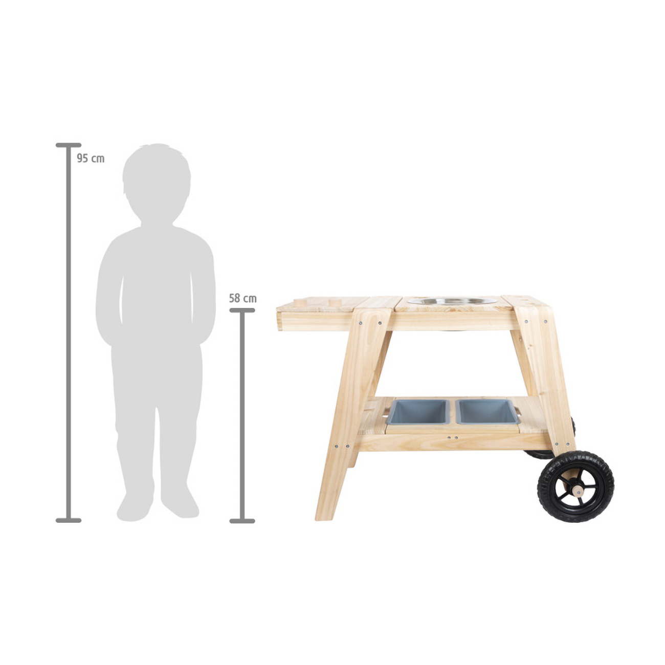 Holzspieltisch mit einem Kind-Silhouetten-Größenvergleich.