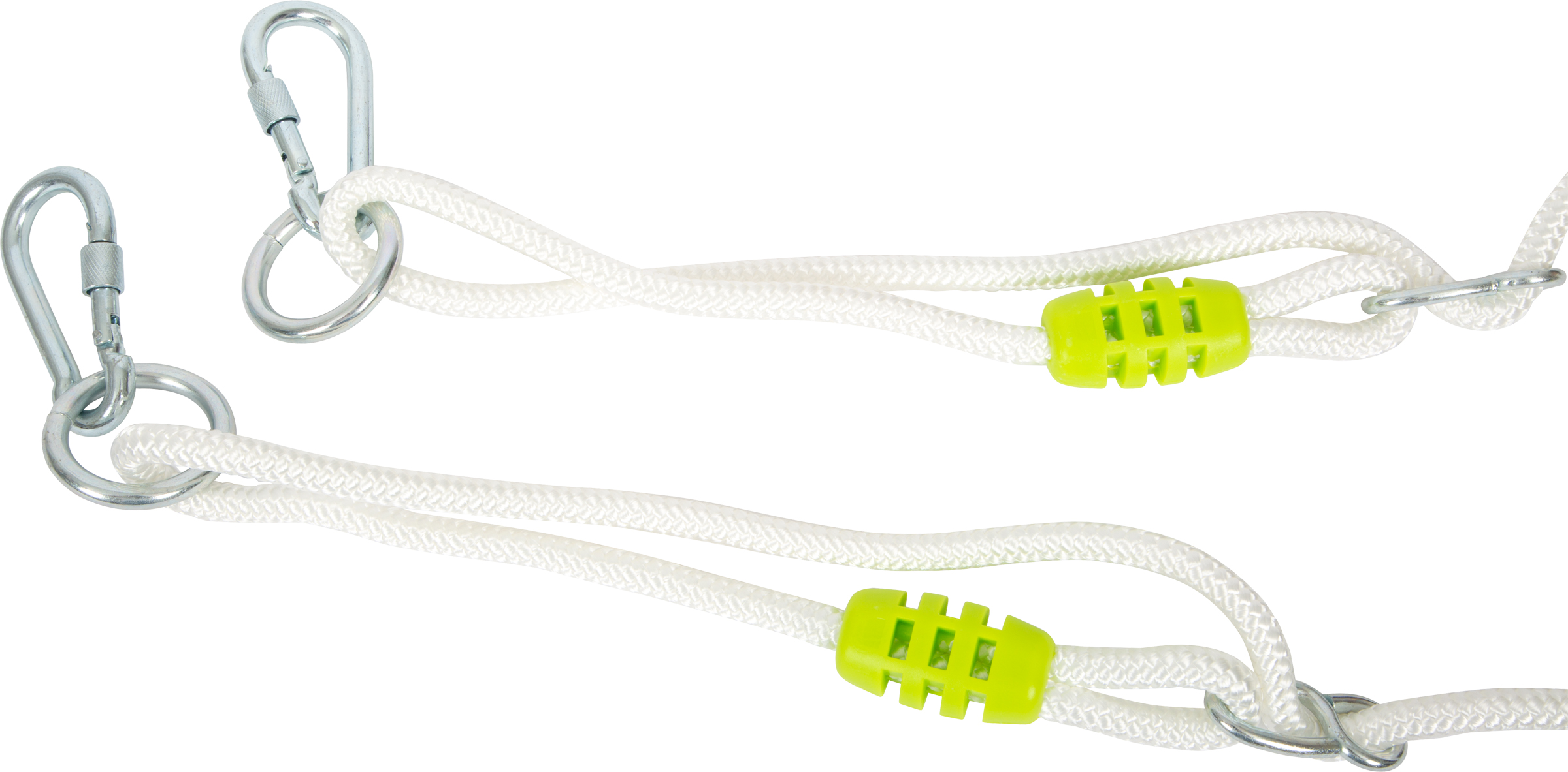 Zwei weiße Seile mit je einem Karabiner und einem grünen Stopper.