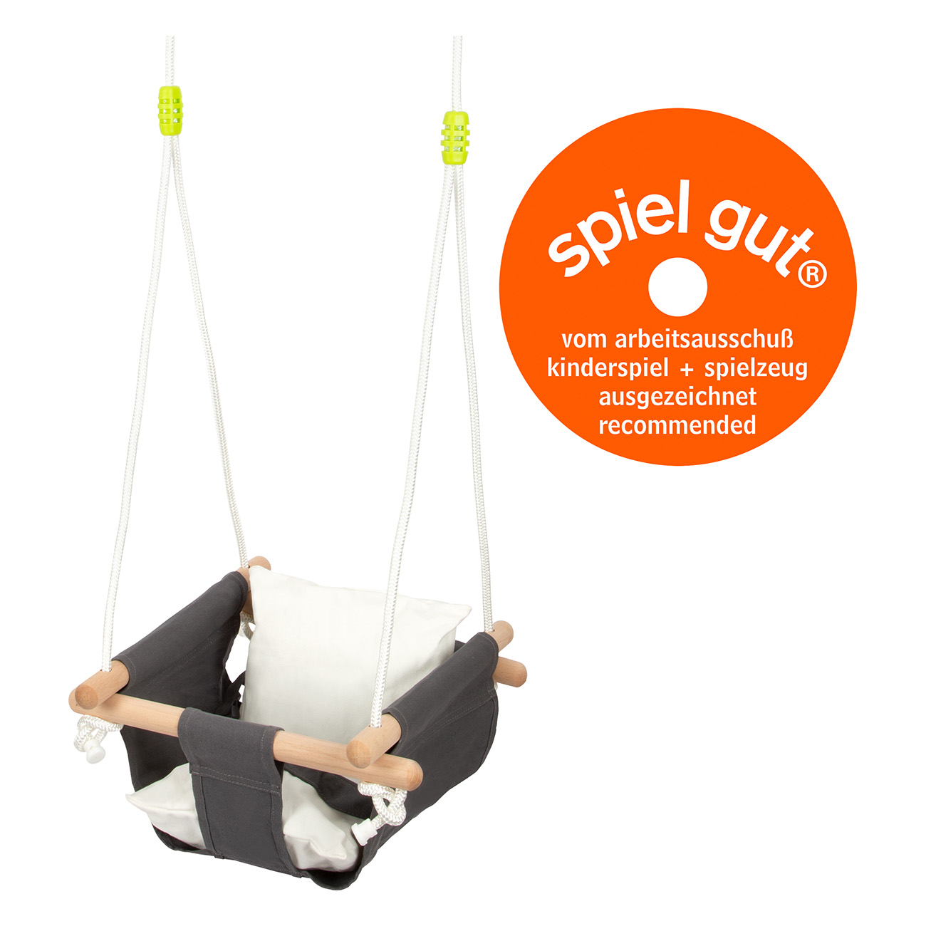 Ein grauer Kinderschaukelsitz mit weißem Kissen. Oben sind gelbe Aufhänger.