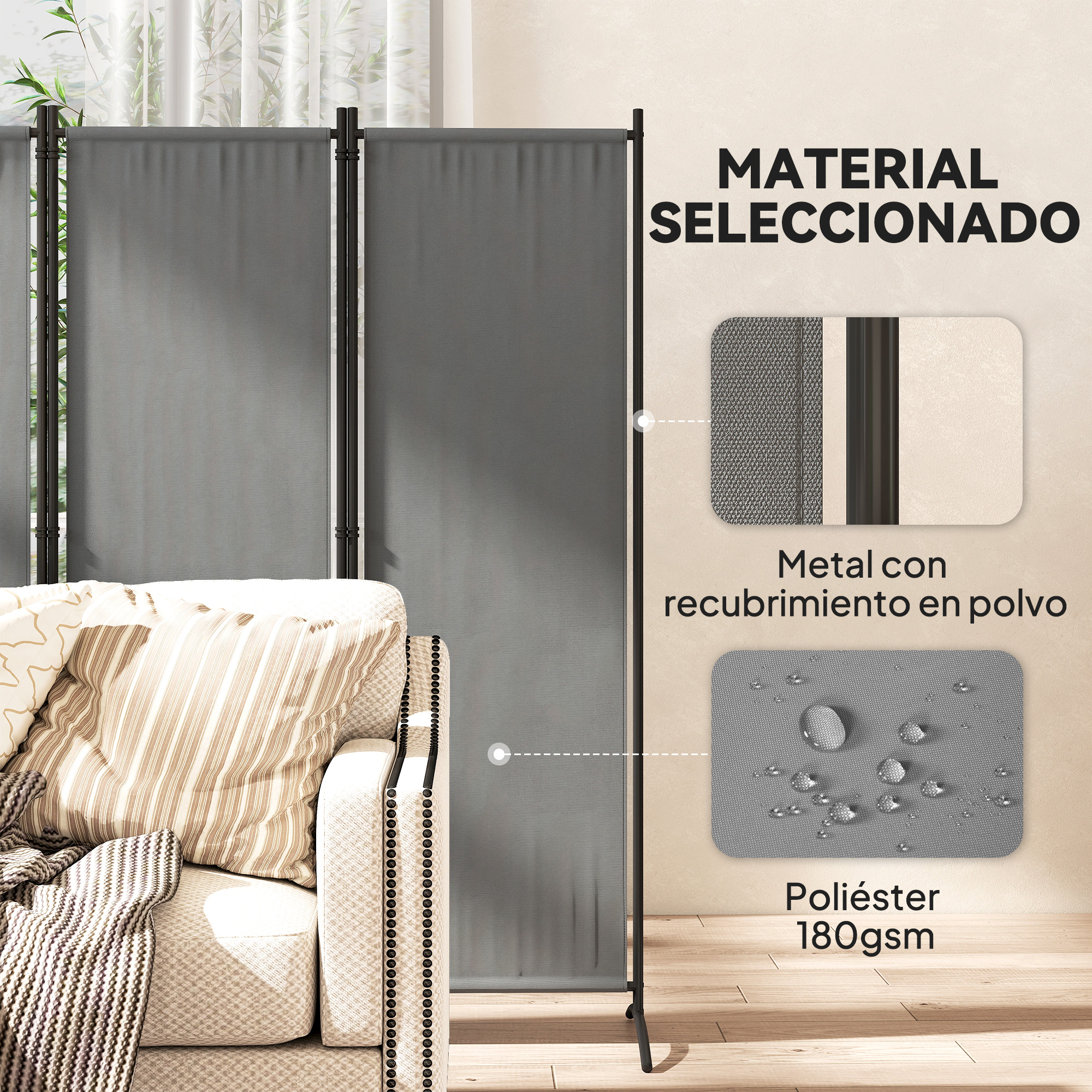Biombo gris junto a un sofá con cojines a rayas. Información de material arriba.