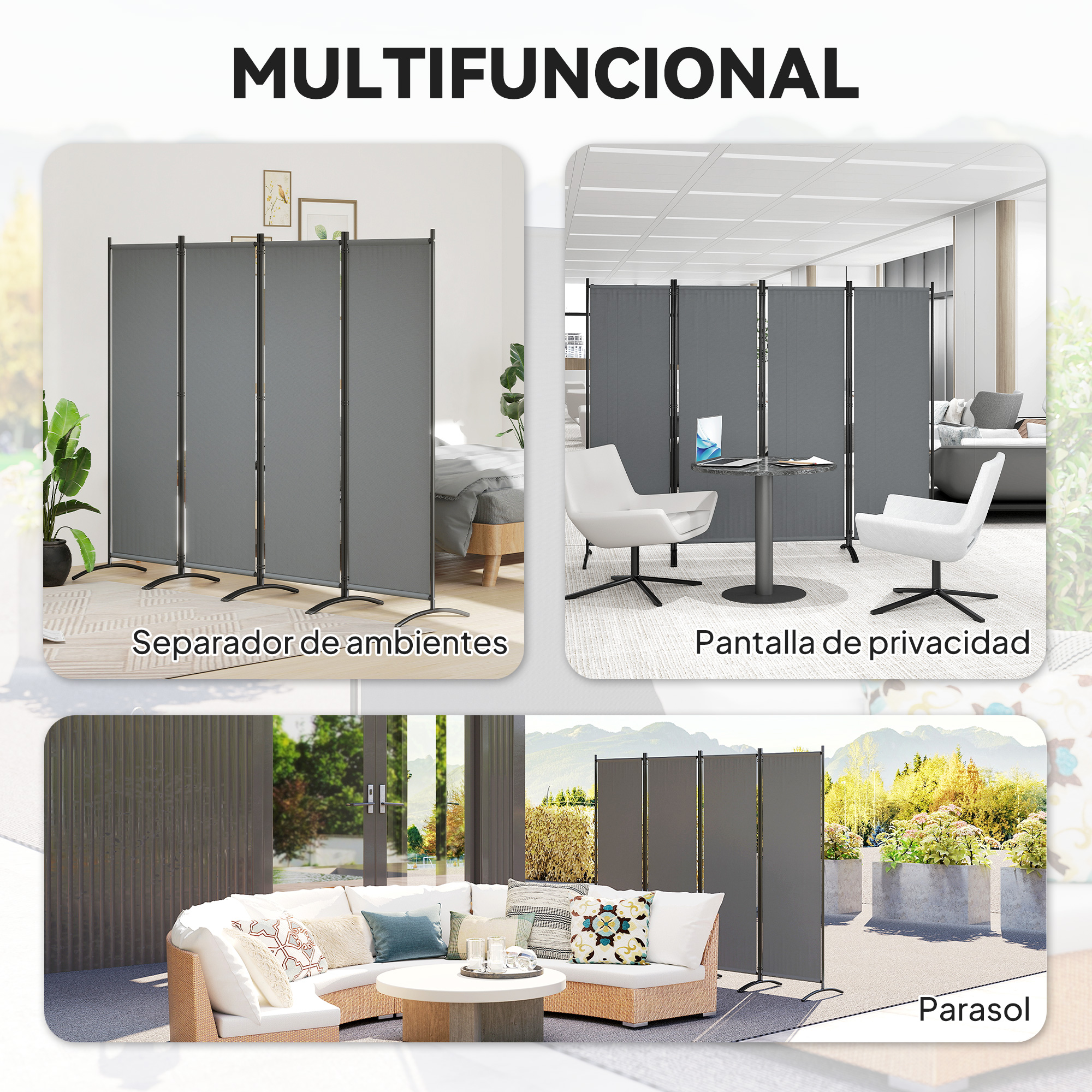 Divisor de ambientes gris en dormitorio, oficina y exterior con muebles.