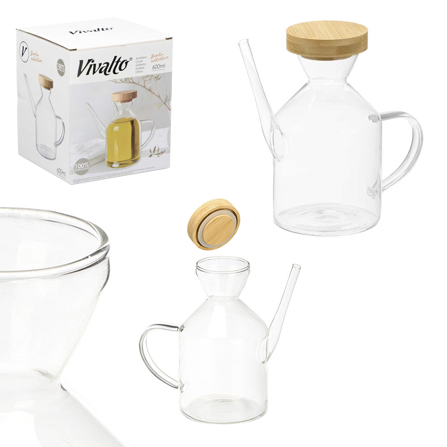 Oliiera in vetro con beccuccio e coperchio in bambù, capacità 600ml.