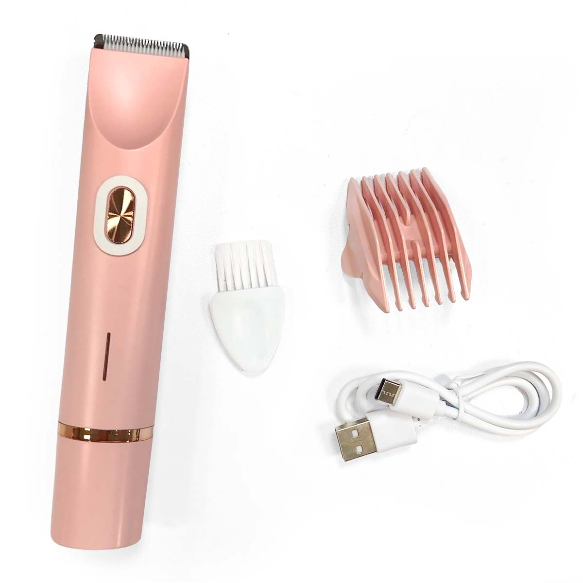 Ein rosa Haarschneider-Set mit Ladebürste und Aufsatz auf weißem Hintergrund.