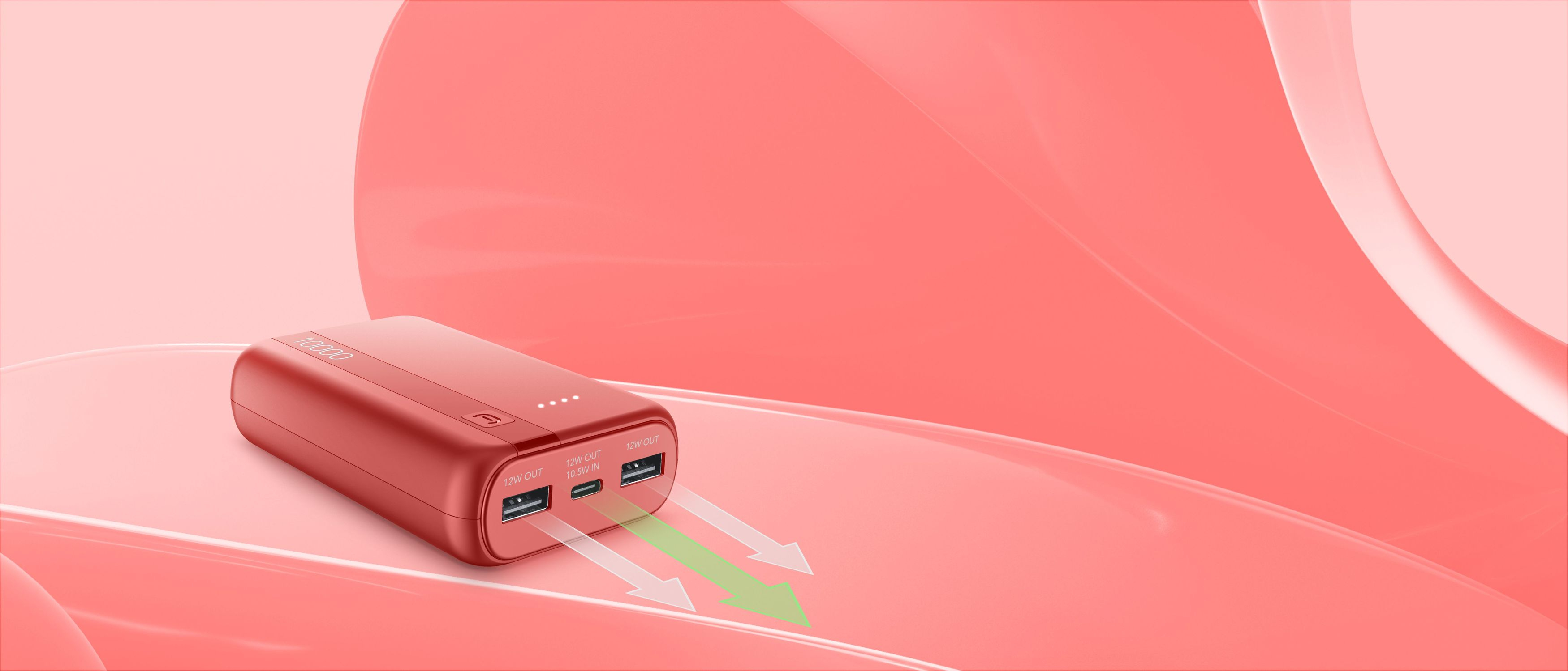 Un power bank rosso da 10000 di capacità con porte USB.