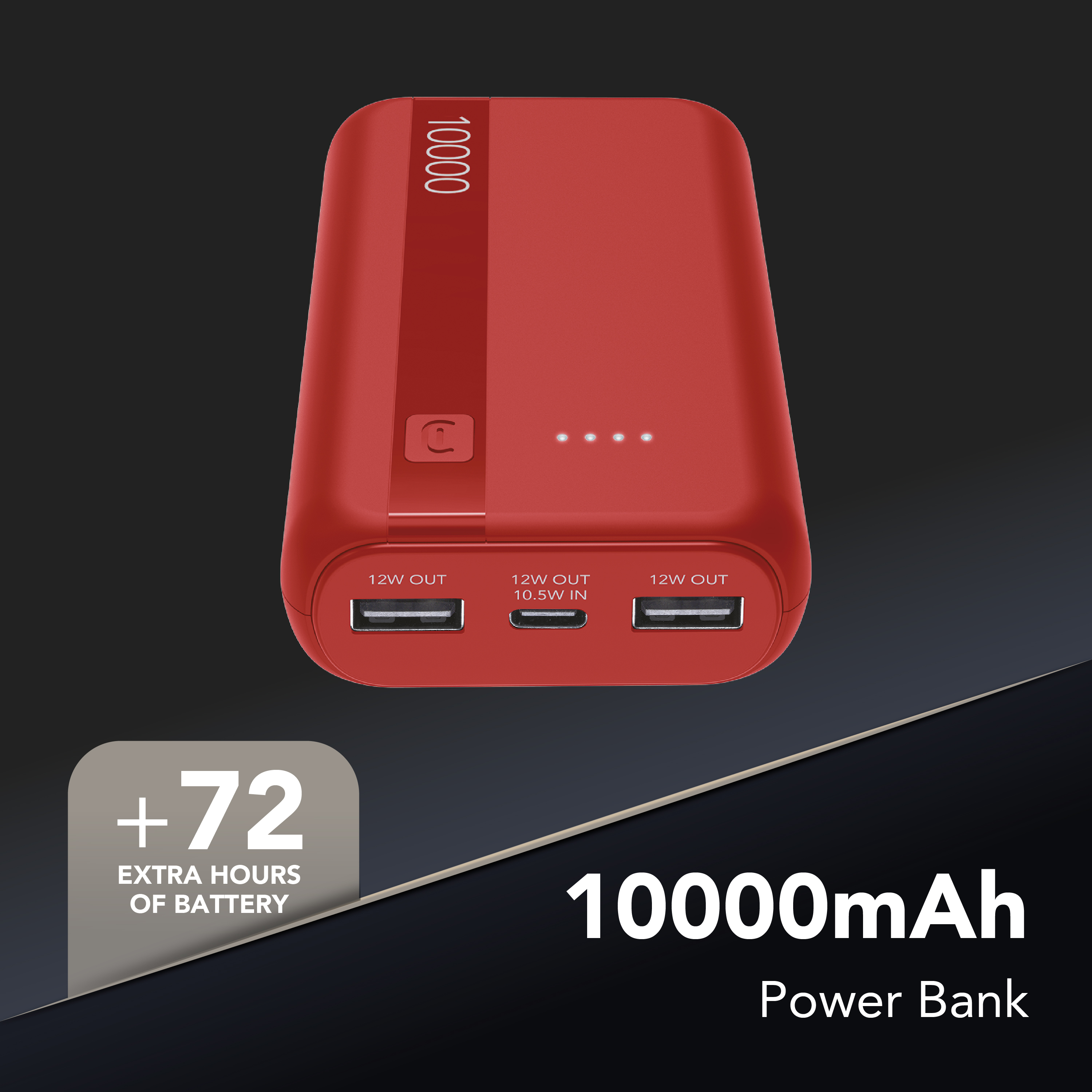 Power bank rossa da 10000mAh con 3 porte USB e spie di carica.
