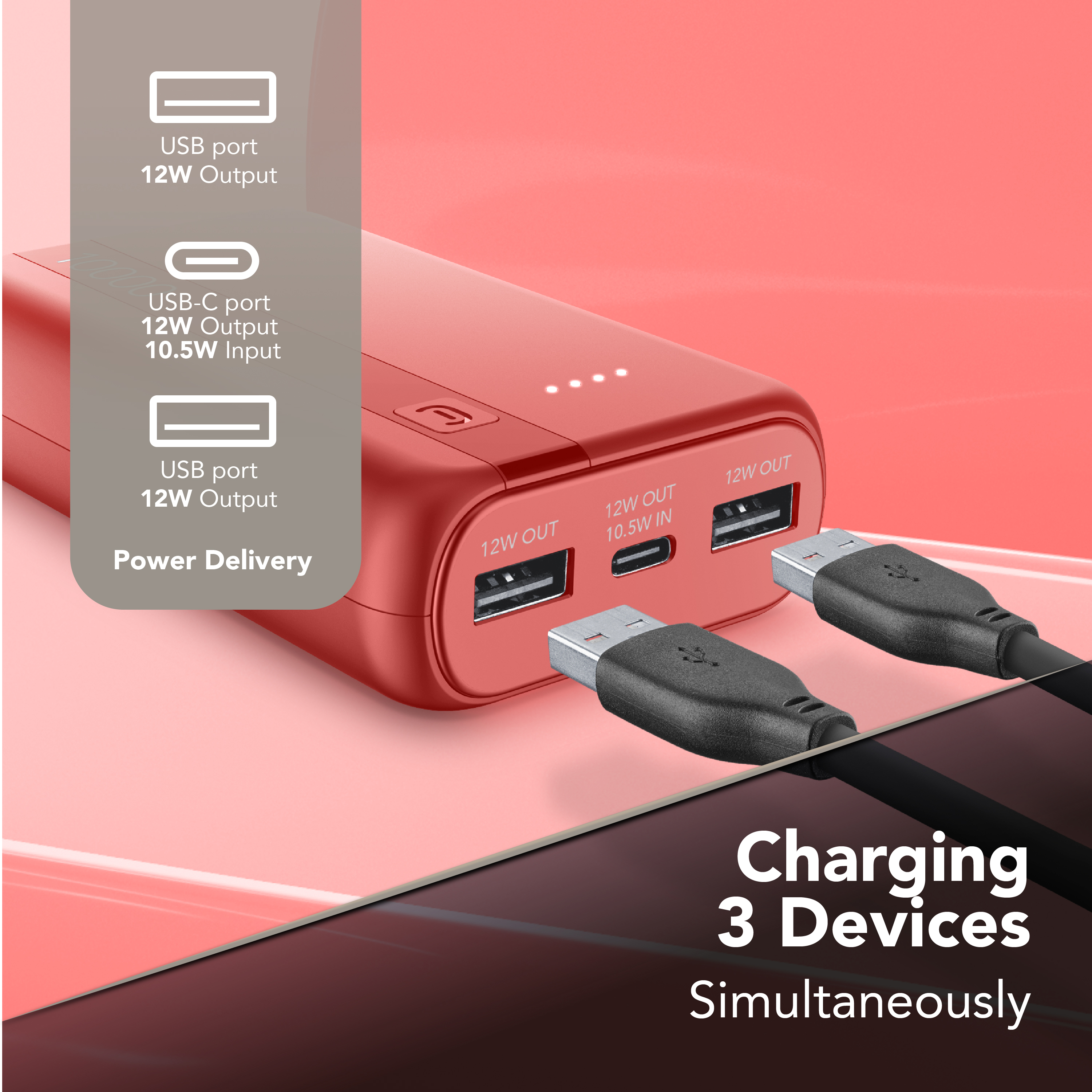 Power bank rossa con due cavi USB collegati, mostra le specifiche di ricarica.