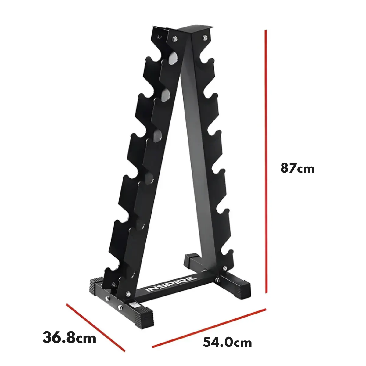 Een zwarte, meerlaagse halterstandaard van 87 cm hoog.