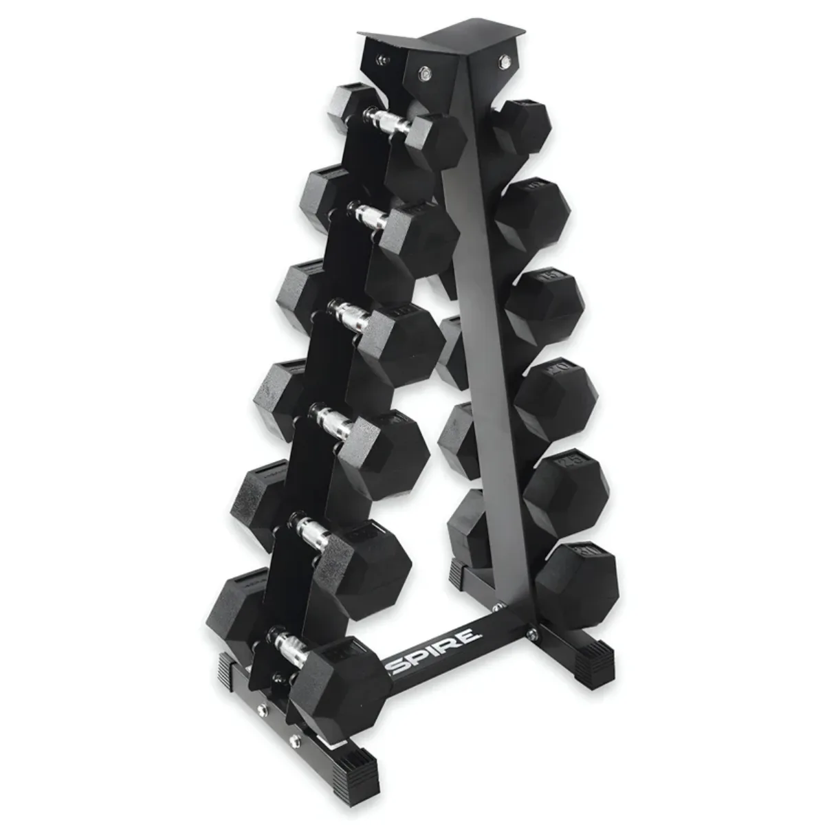 Een zwart dumbbellrek met meerdere hex-dumbbells op witte achtergrond.