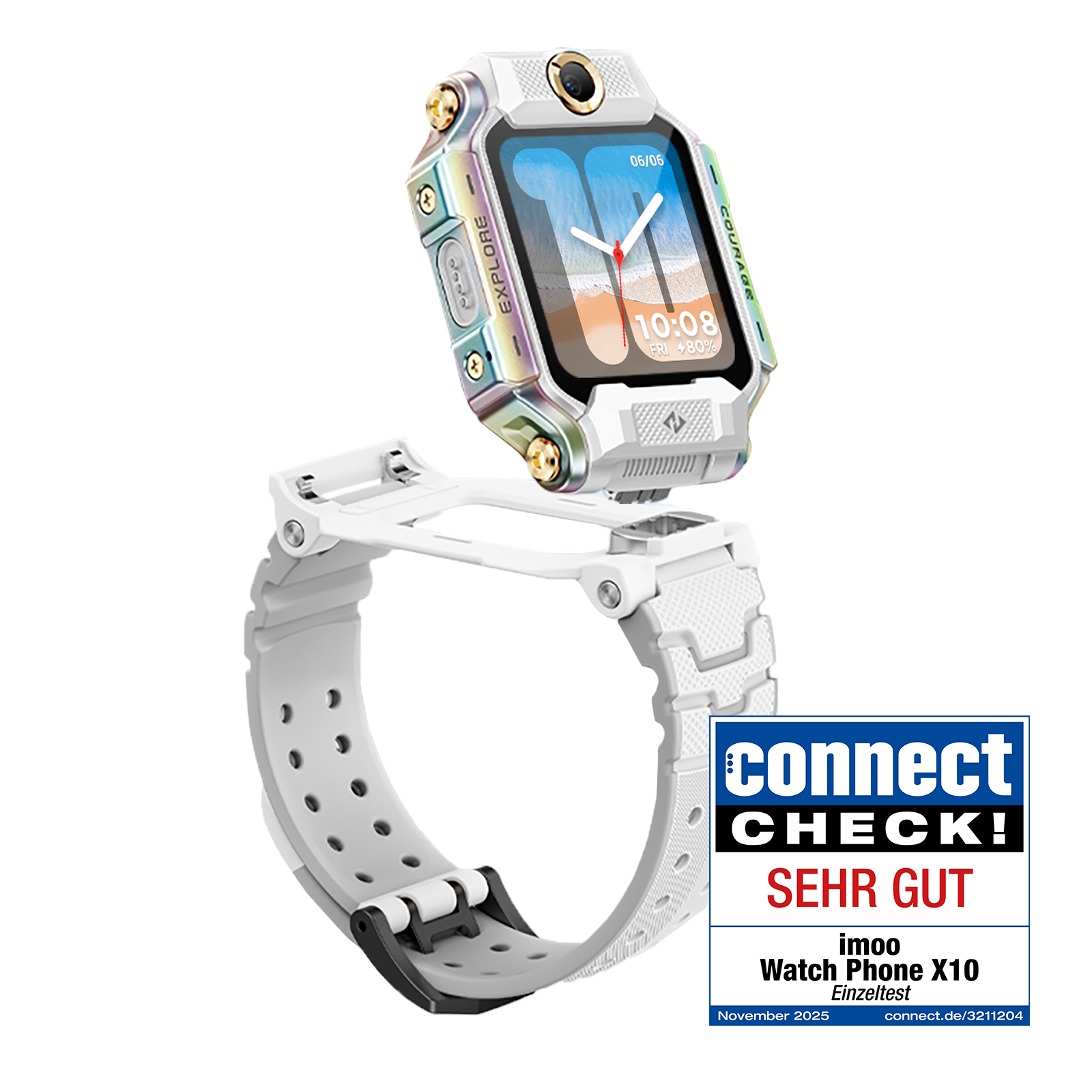 Eine weiße Smartwatch mit buntem Gehäuse, separatem weißen Armband und einem Connect-Siegel.