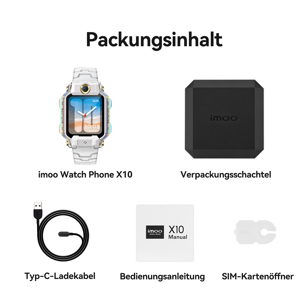 Packungsinhalt: Imoo Watch Phone X10, Ladekabel, Anleitung, SIM-Öffner und Box.